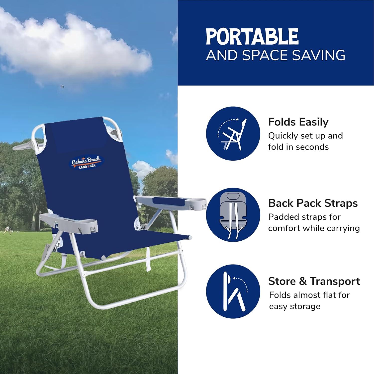 Cabana Beach 5-Position Deluxe Beach Chair, 225lb Capacity, Backpack Straps