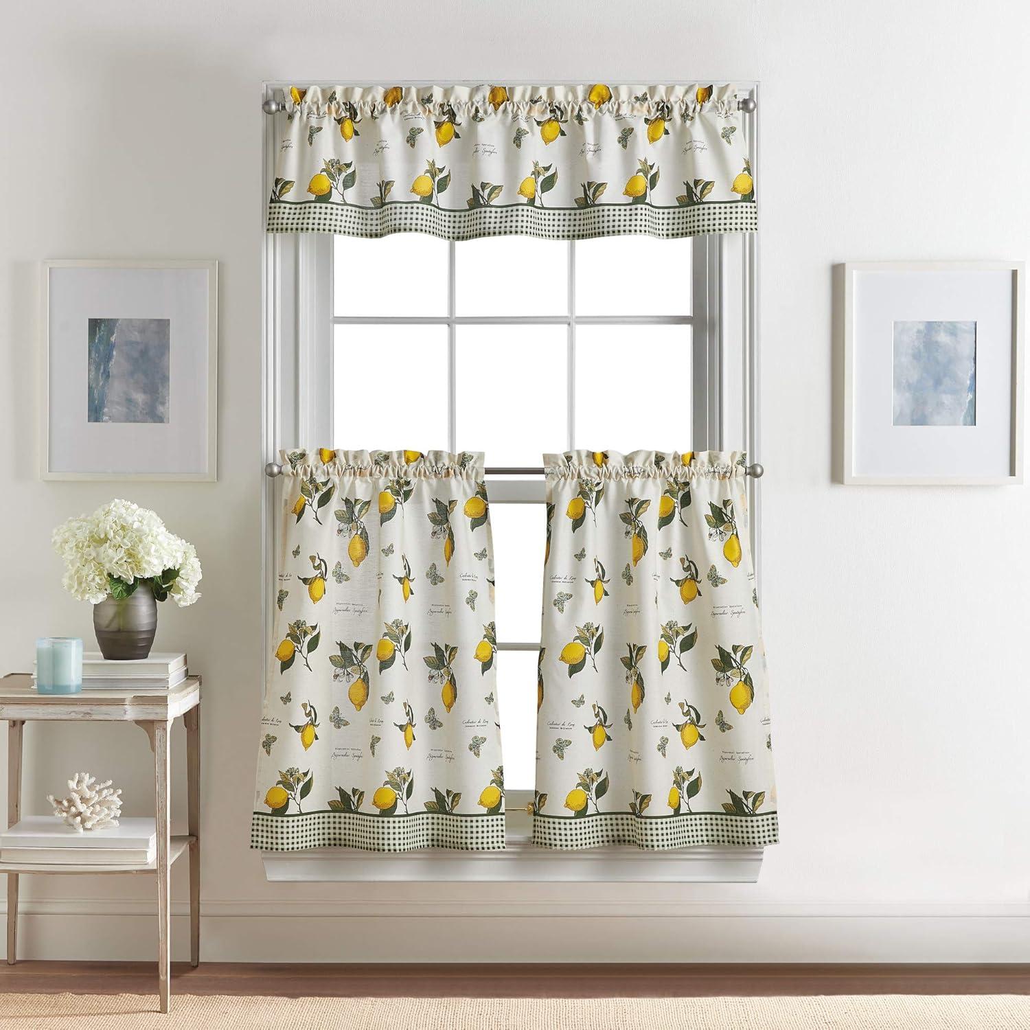 Vintage Lemon Print Cotton Polyester Light Filtering Valance and Tier Set