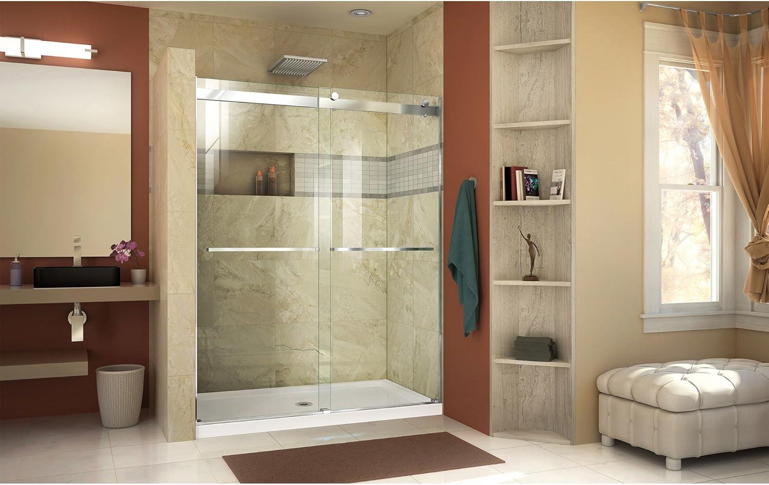 Clear Frameless Sliding Shower Door with Brushed Nickel Hardware