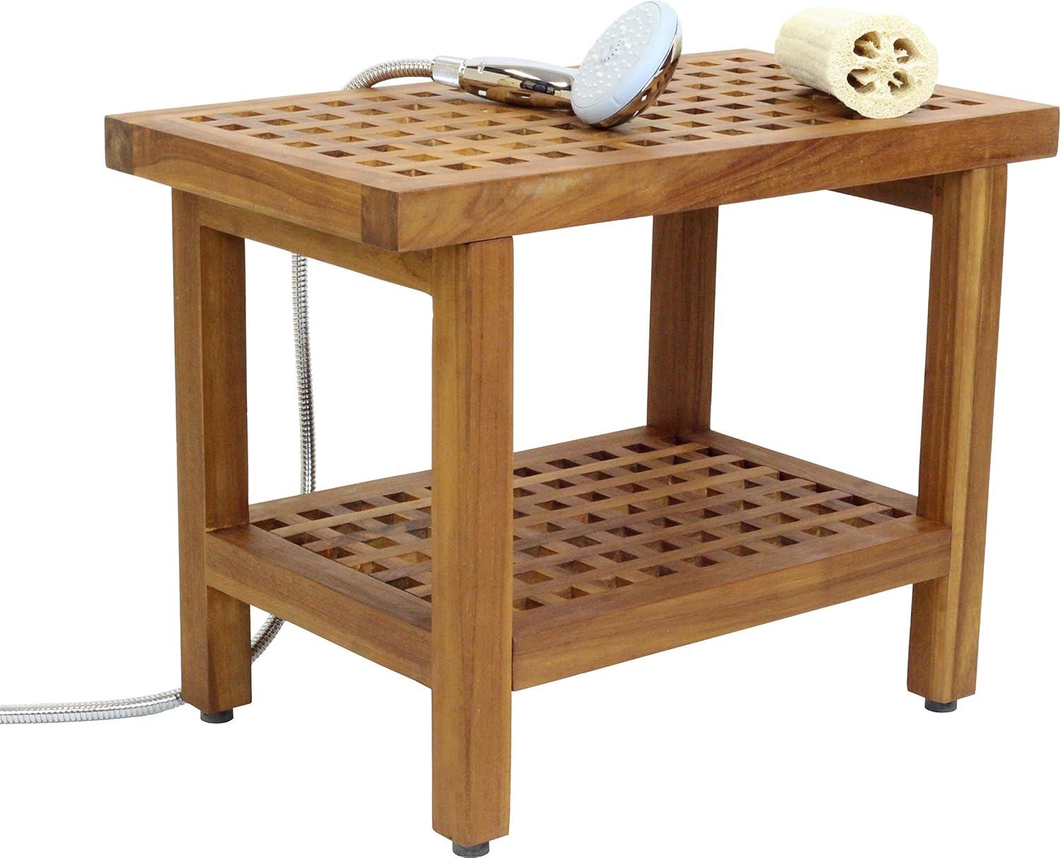 Teak Wood Grate Shower Bench with Shelf, 24 in. Wide