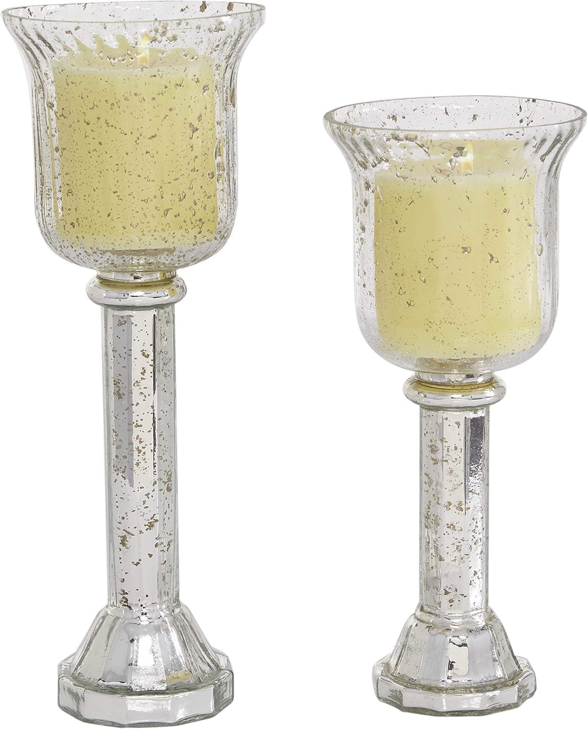 DecMode 2-Slot Silver Glass Pillar Hurricane Lamp with Faux Mercury Glass Finish, Set of 2