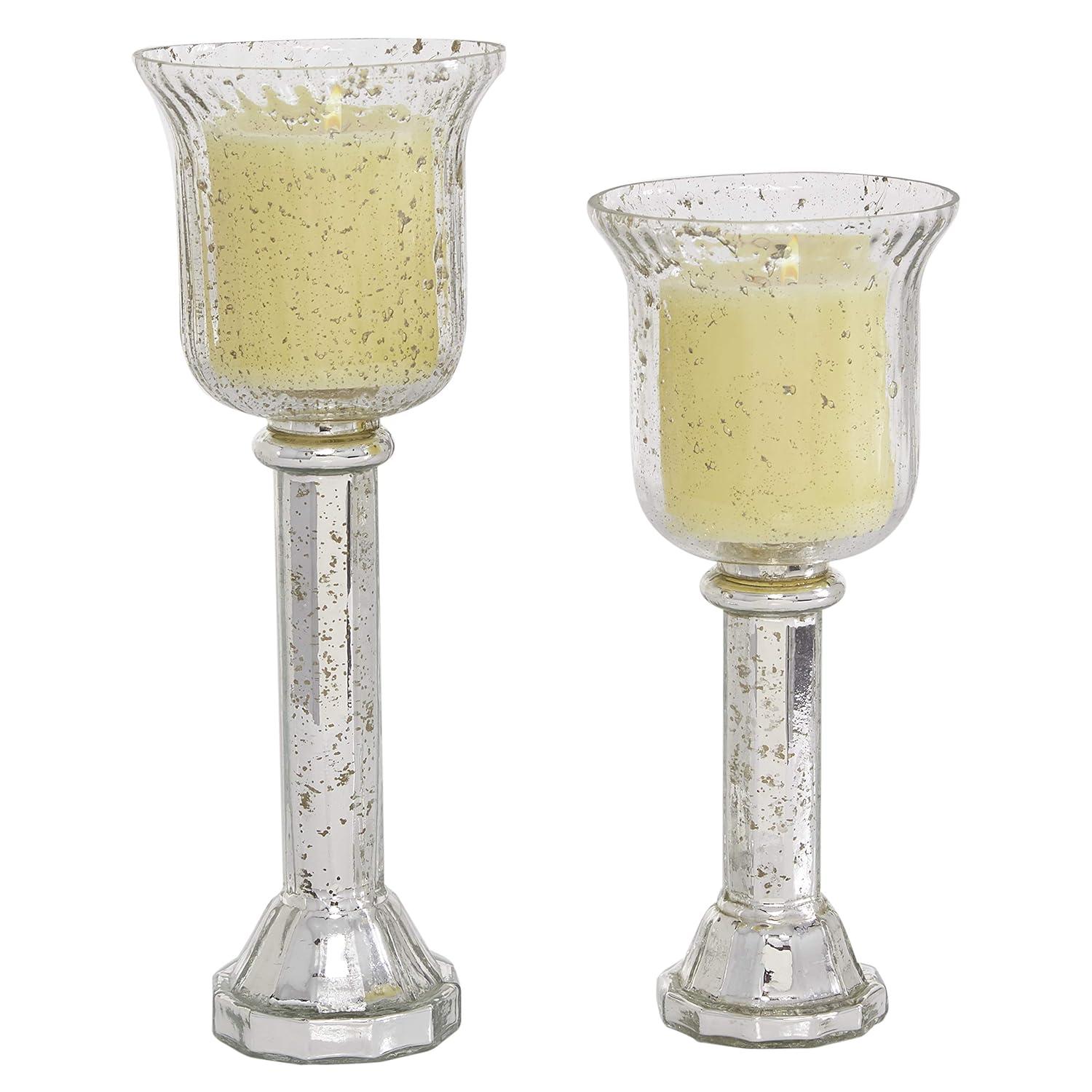 DecMode 2-Slot Silver Glass Pillar Hurricane Lamp with Faux Mercury Glass Finish, Set of 2
