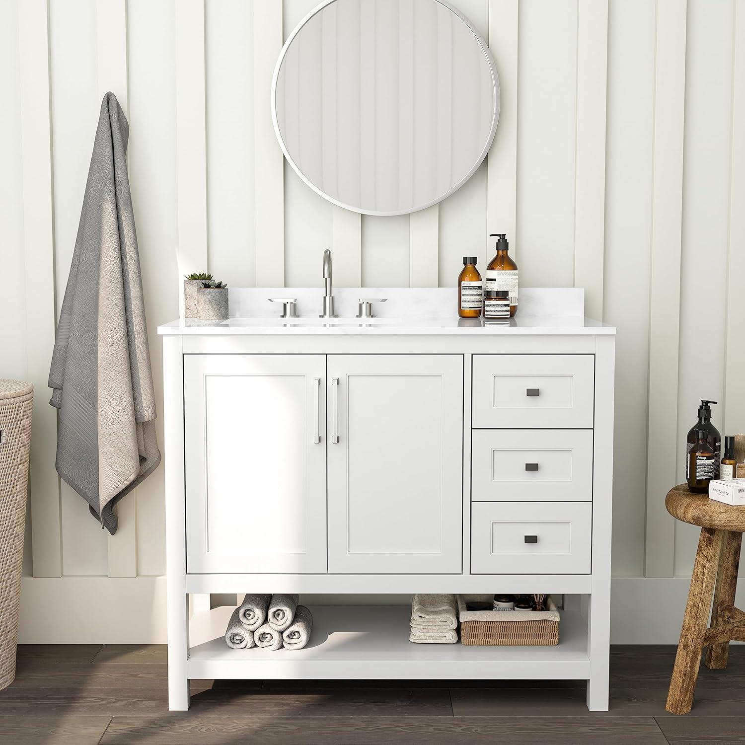 Merrick Lane Bathroom Vanity with Ceramic Sink, Carrara Marble Finish Countertop, Storage Cabinet with Soft Close Doors, Open Shelf and 3 Drawers