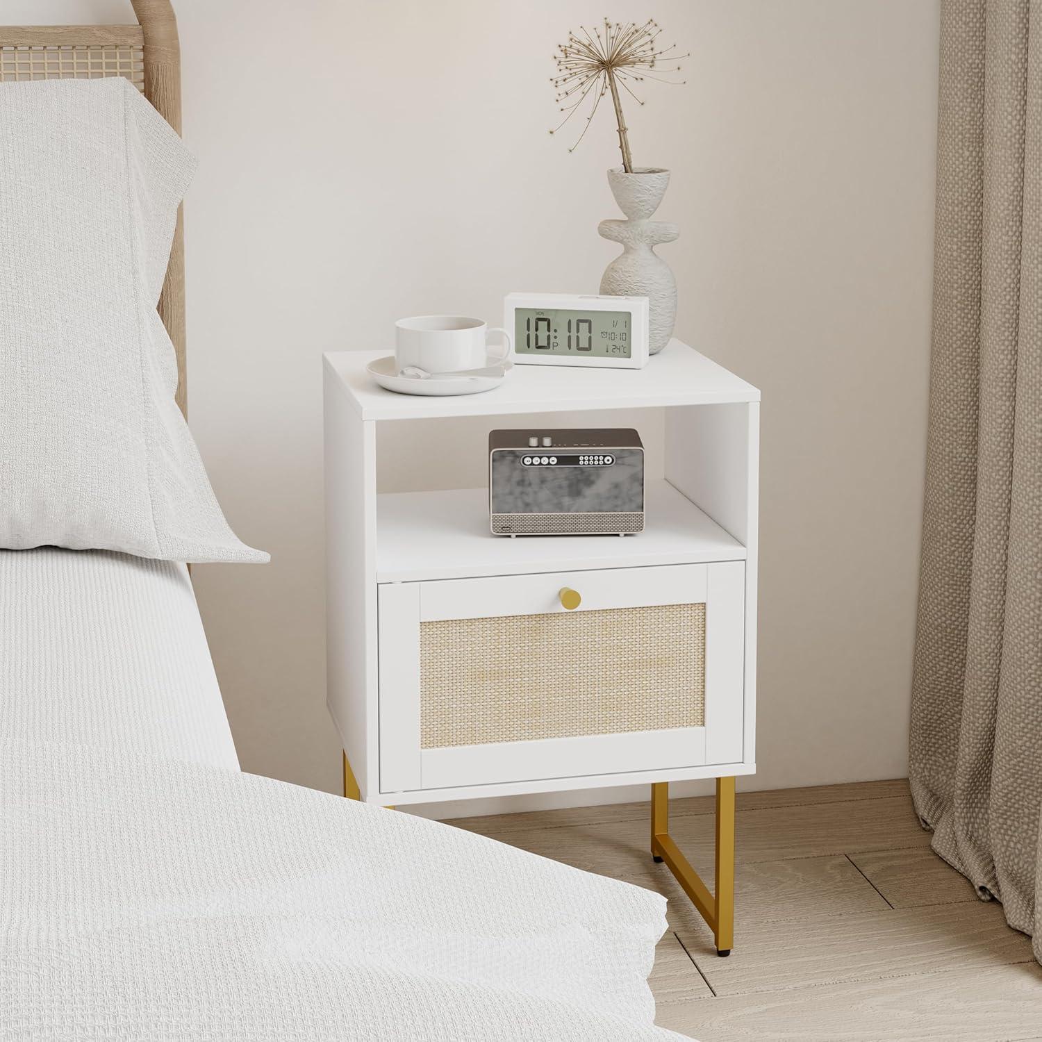 White and Gold Modern Rattan Nightstand with Drawer