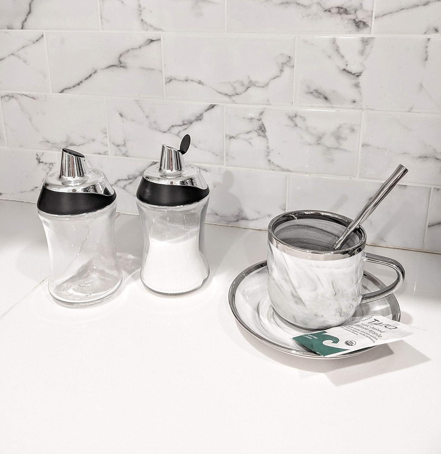 J&M DESIGN Sugar Dispenser with Pour Spout Lid Sugar Container Shaker Coffee Bar Accessories Organizer Essentials Powdered Creamer Baking Supplies 7.5oz Glass Jar Pourer Sugar Bowl Salt Dish Holder