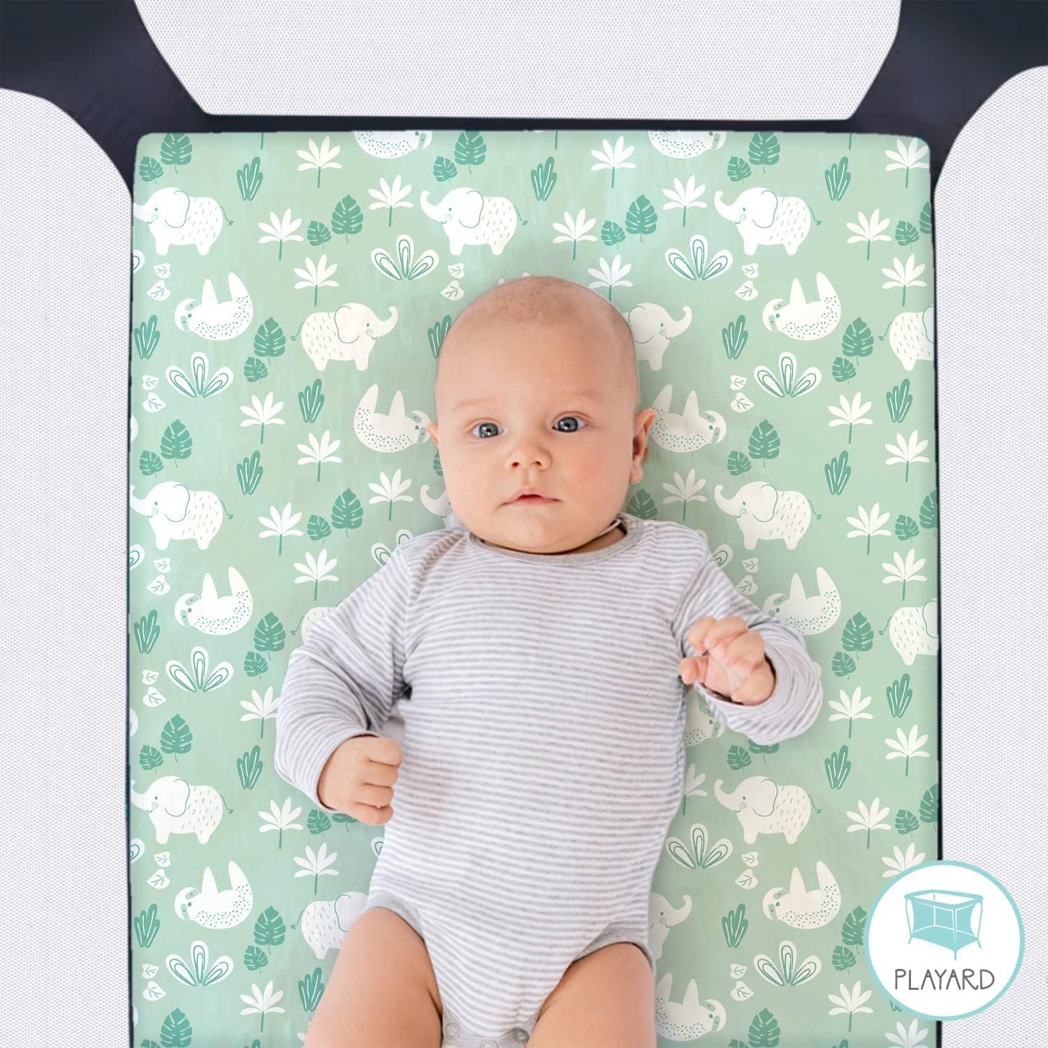The Peanutshell Mini Crib Sheet Set - 3 Pack - Multiuse for Pack & Play, Playard, Playpen, Mini Crib - Green Safari Animals