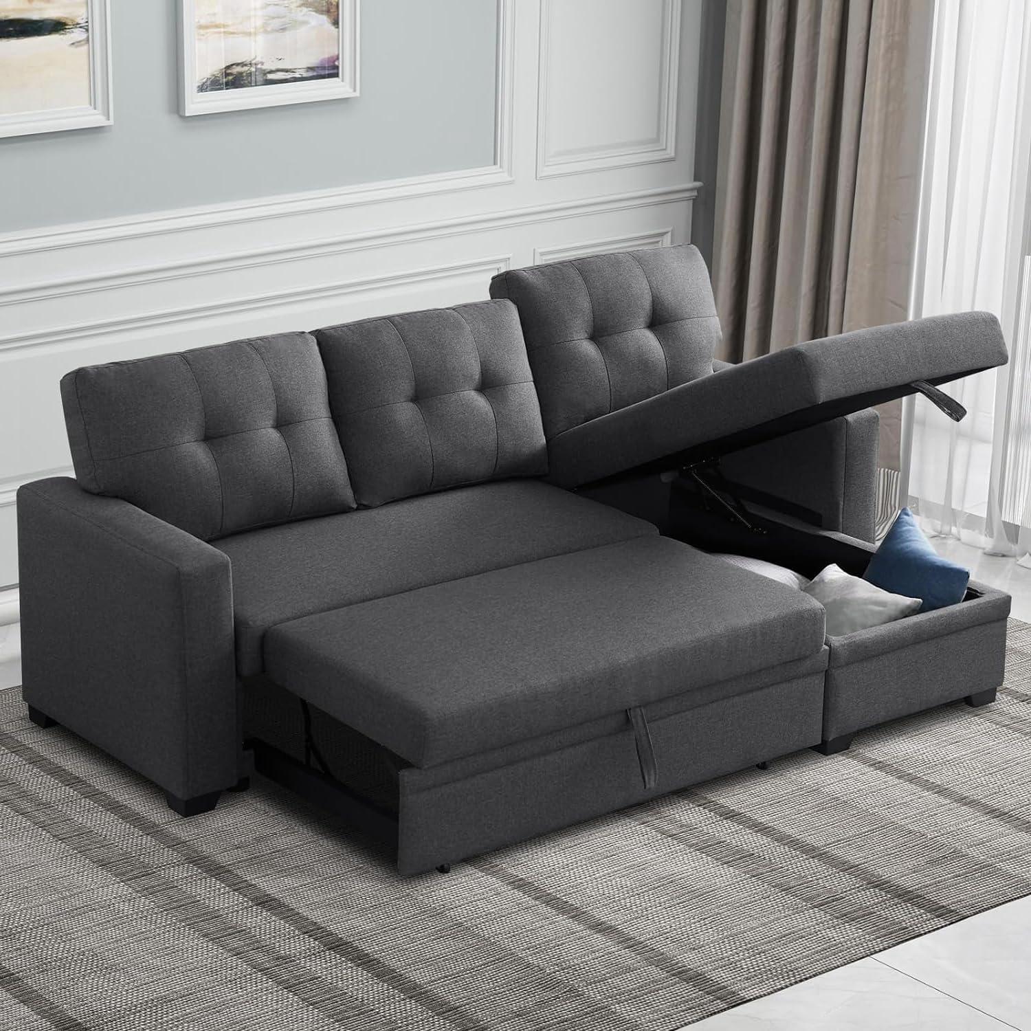 Dark Grey Linen Reversible Sectional Sofa with Storage