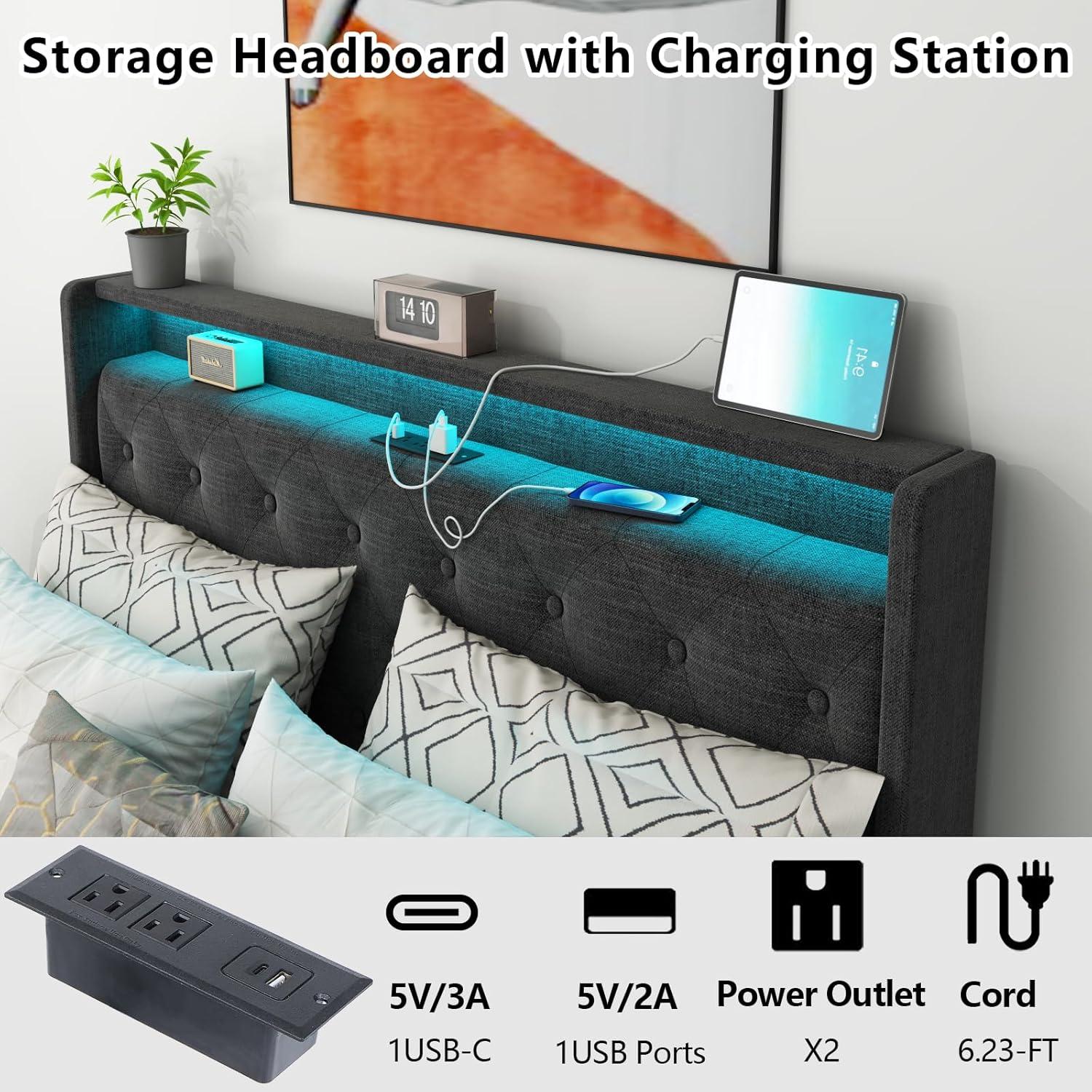 Dark Gray Full Upholstered Lift-Up Bed with LED and Charging Station