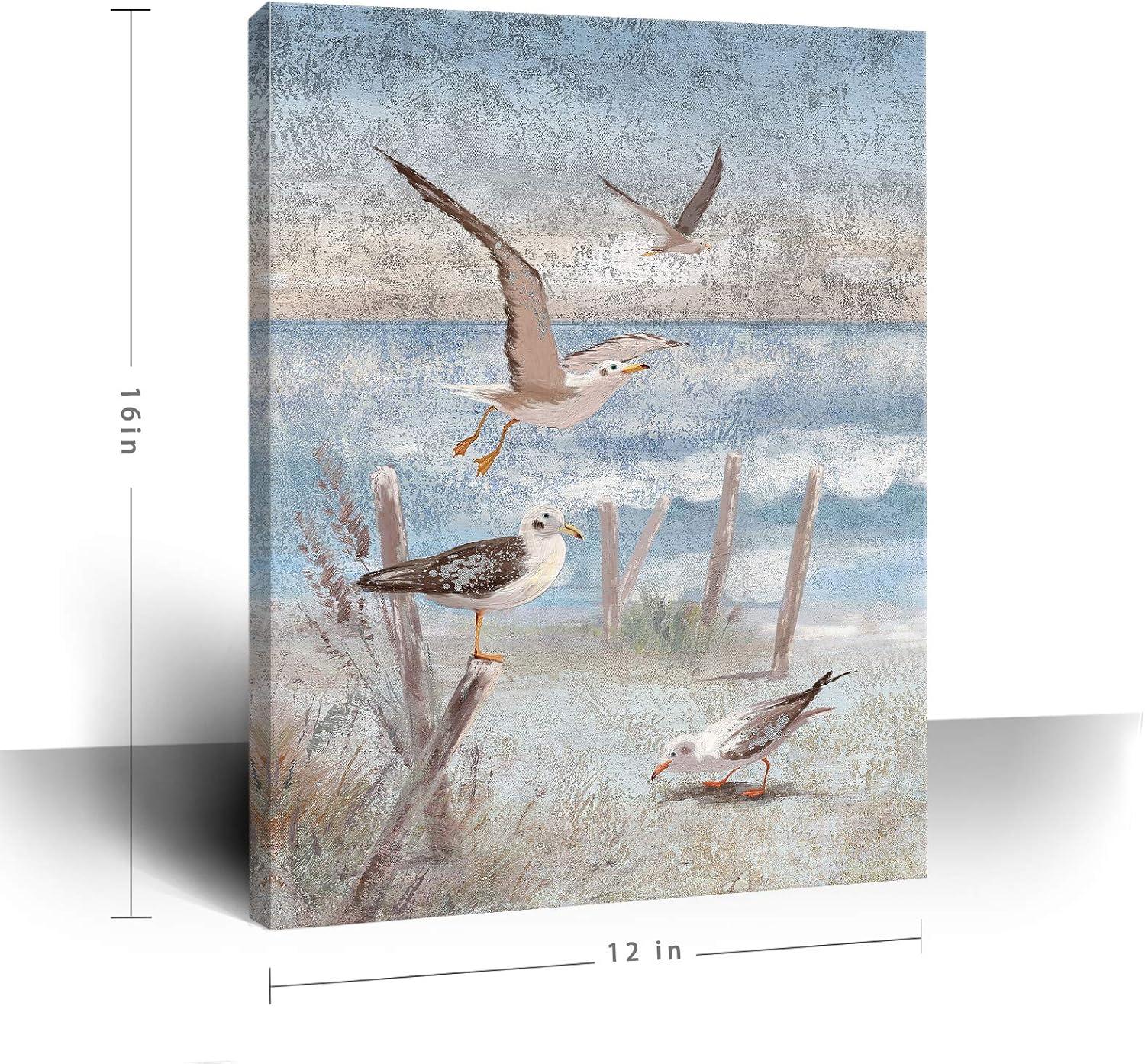 Beach Wall Art Bathroom Decor Ocean Theme Canvas Print Coastal Painting Perching Bird by The Sea Shore Abstract Seascape Picture Artwork for Bedroom Living Room Office Ready to Hang