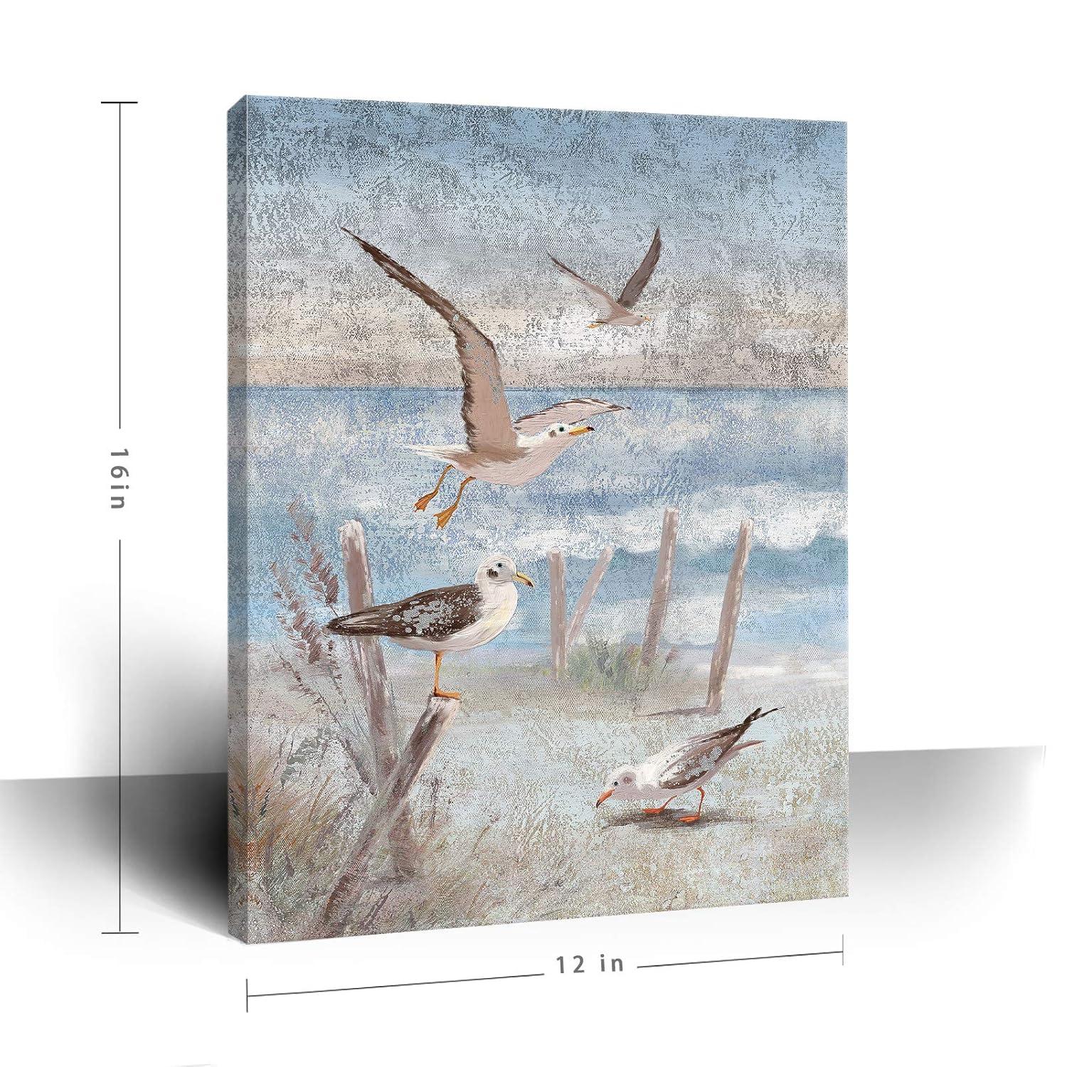 ARTZON Beach Wall Art Bathroom Decor Ocean Theme Canvas Print Coastal Painting Perching Bird by The Sea Shore Abstract Seascape Picture Framed Artwork for Bedroom Living Room Office Ready to Hang 12x16inch