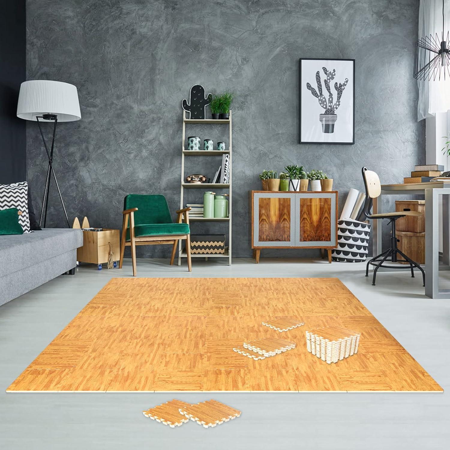 16pcs Interlocking Printed Wood Grain EVA Foam Mats Protective Floor Tiles Exercise Play Mat for Kids Room Parlor Bedroom Home 11.8" x 11.8" (Wood Grain Yellow)