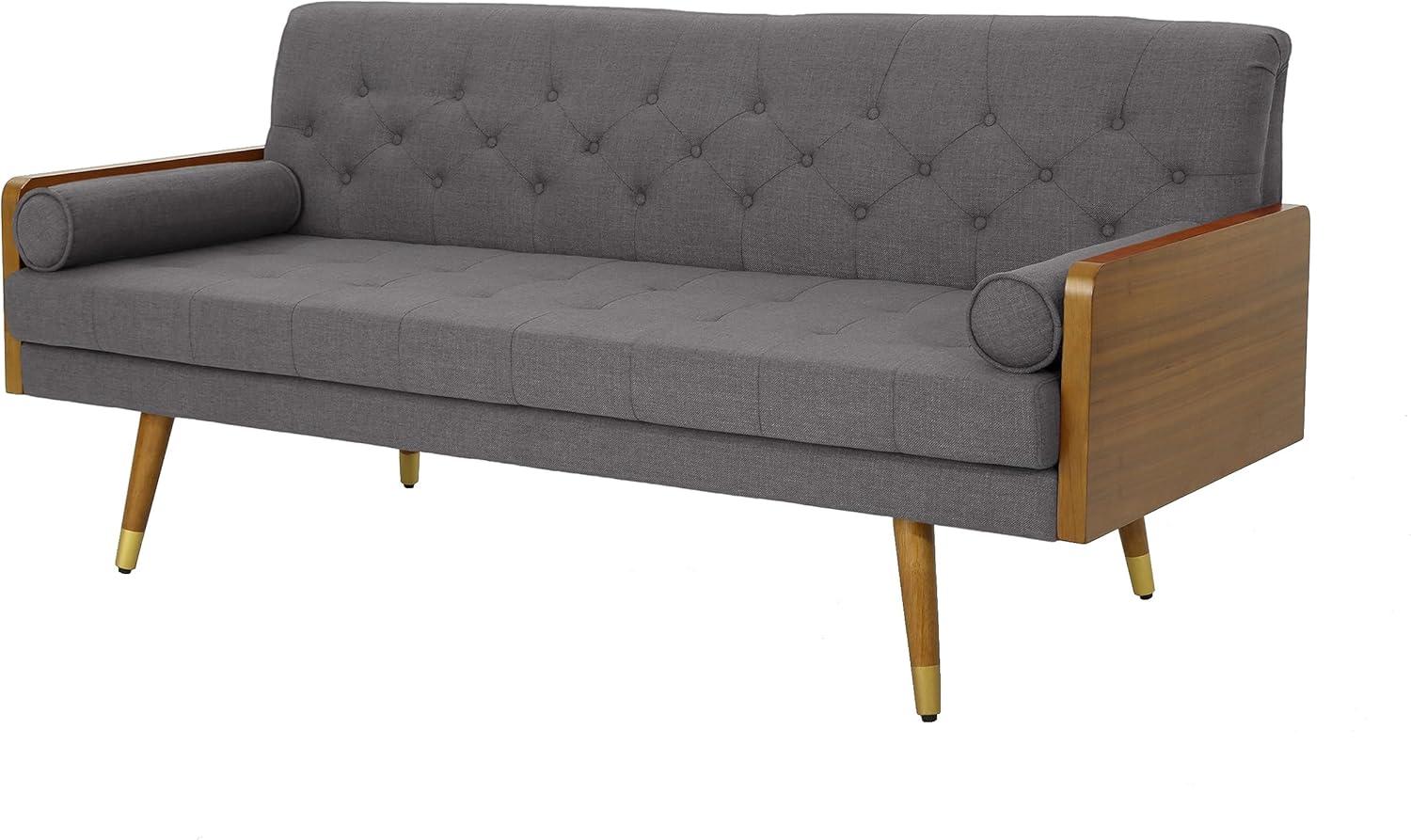 GDFStudio Aidan Mid Century Modern 72.25" Tufted Upholstered 3 Seater Sofa,Gray/Dark Walnut/Gold