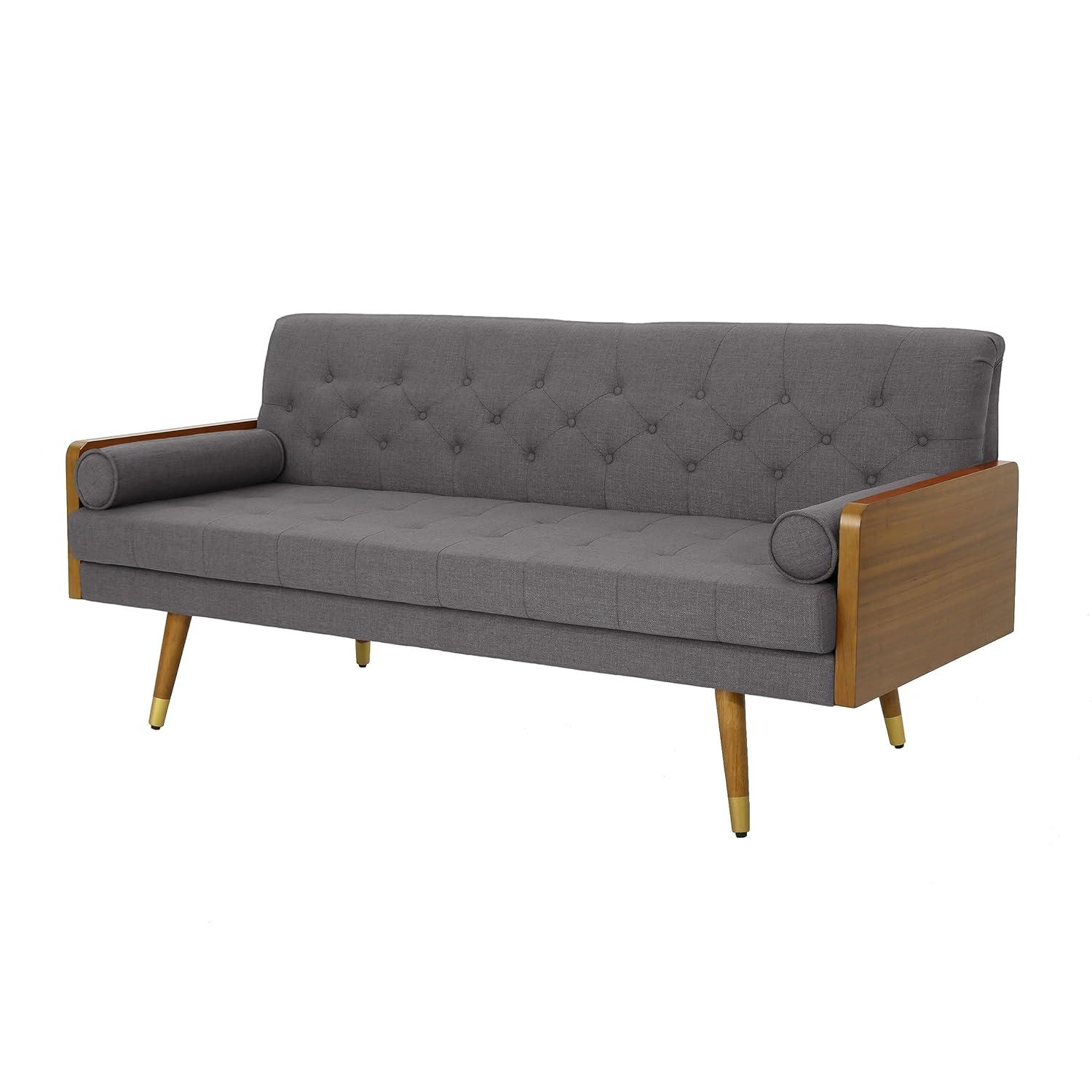 GDFStudio Aidan Mid Century Modern 72.25" Tufted Upholstered 3 Seater Sofa,Gray/Dark Walnut/Gold