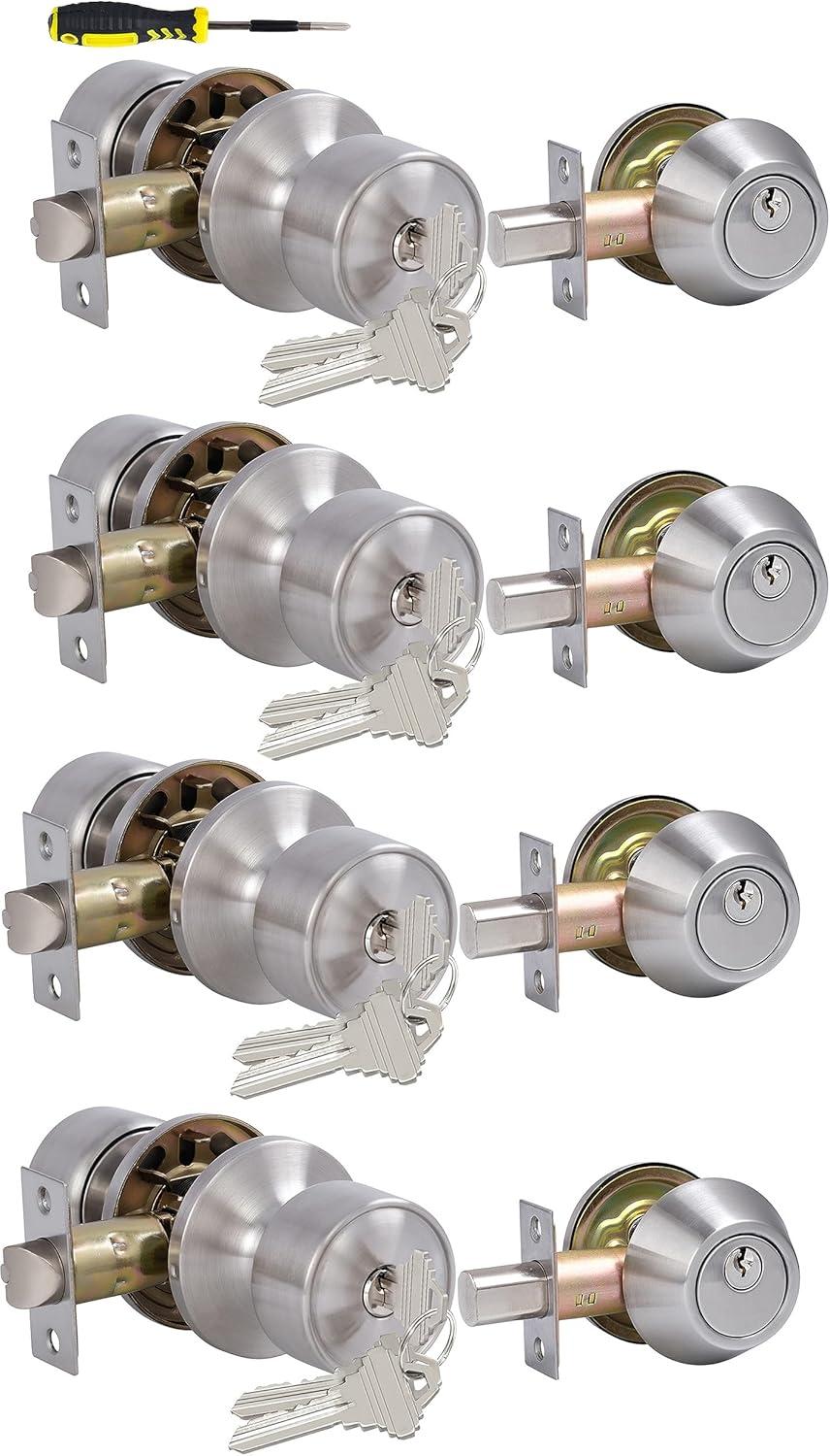 Satin Nickel Keyed Alike Entry Door Knobs and Deadbolts Set