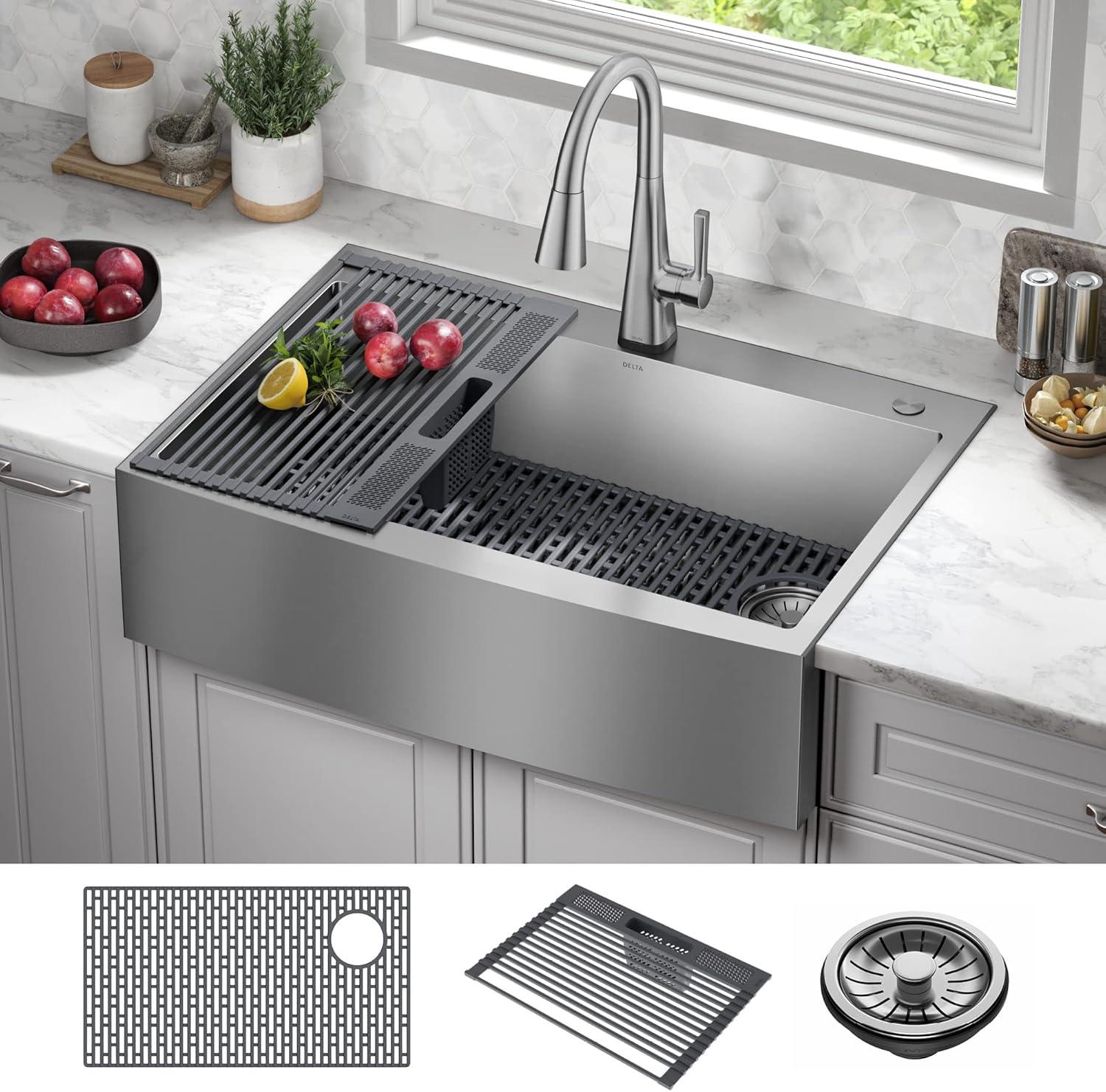 Lenta Retrofit Farmhouse Apron Front 16 Gauge Stainless Steel Single Bowl Kitchen Sink for Top Mount Installation