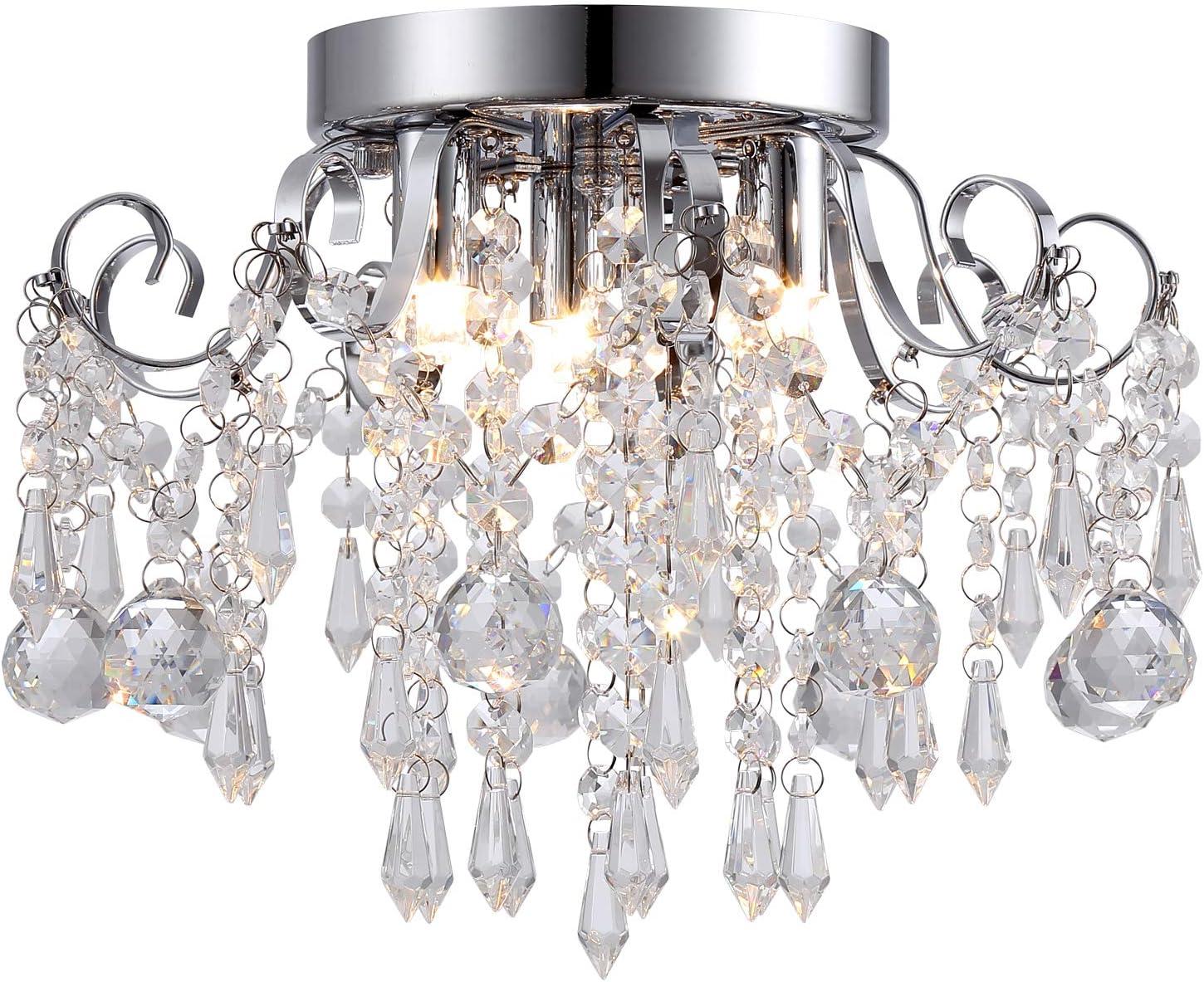 Q&S Small Crystal Chandelier Flush Mount Ceiling Light 3 Lights Modern Chrome Iron Raindrop Crystal Ceiling Fixture for Bedroom Hallway Closet Entryway Stairs