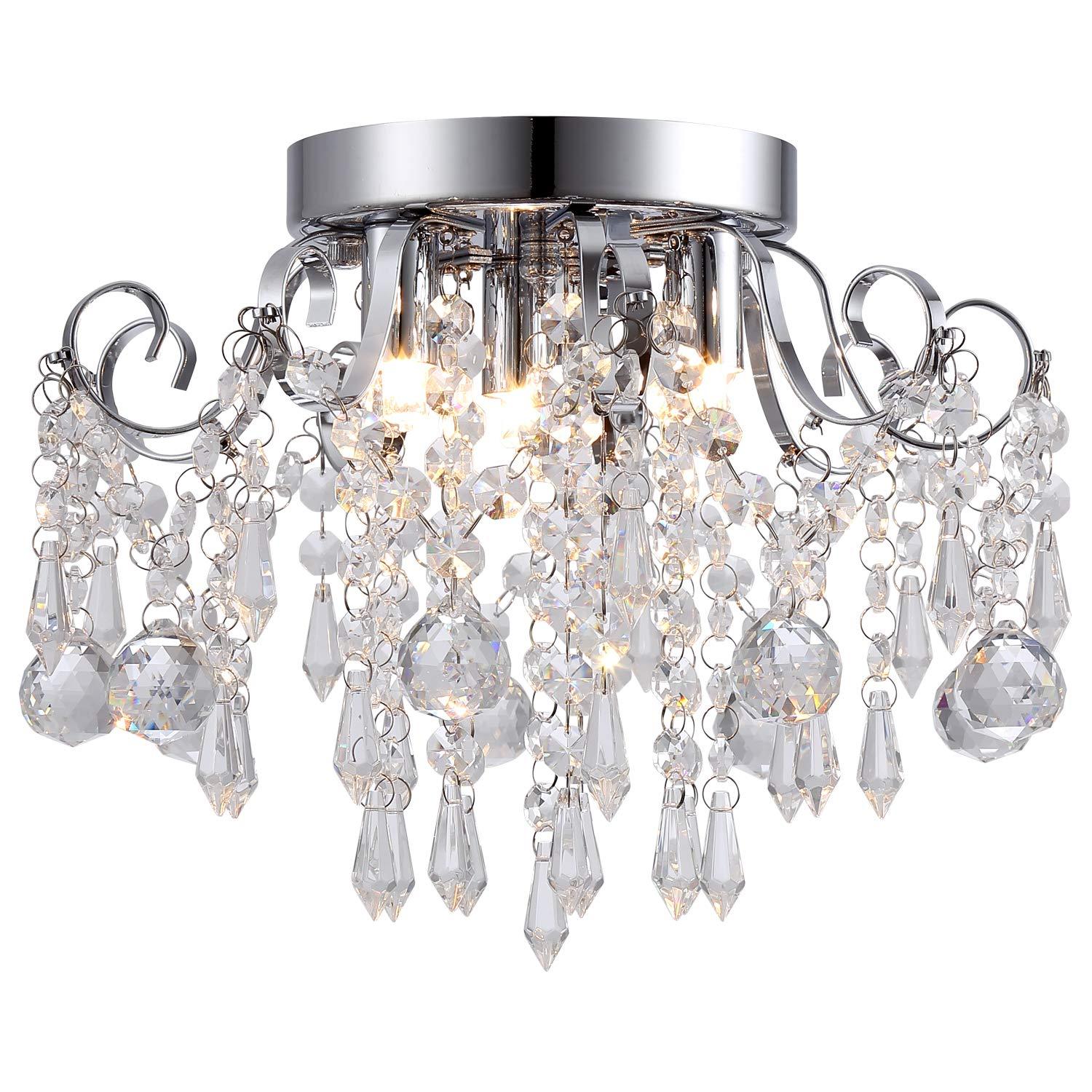 Q&S Small Crystal Chandelier Flush Mount Ceiling Light 3 Lights Modern Chrome Iron Raindrop Crystal Ceiling Fixture for Bedroom Hallway Closet Entryway Stairs