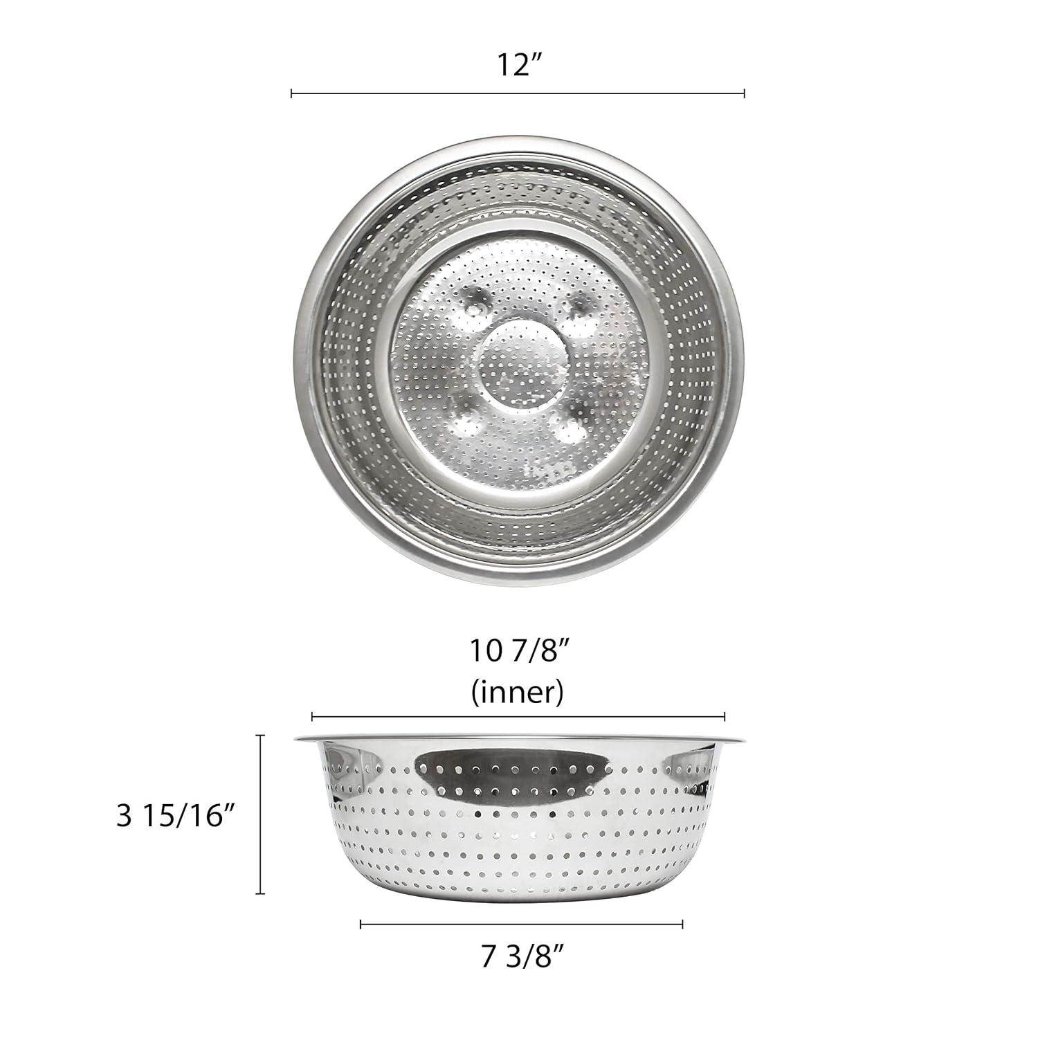 Excellante 11" stainless steel colanders with 2.0 millimeter holes, comes in each