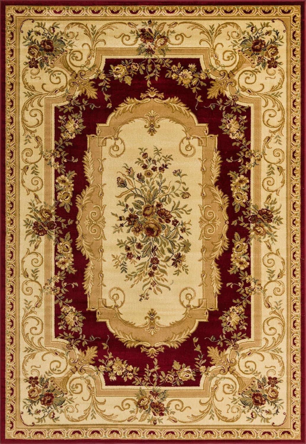 Aubusson Red and Cream Floral Synthetic 8' x 10' Area Rug