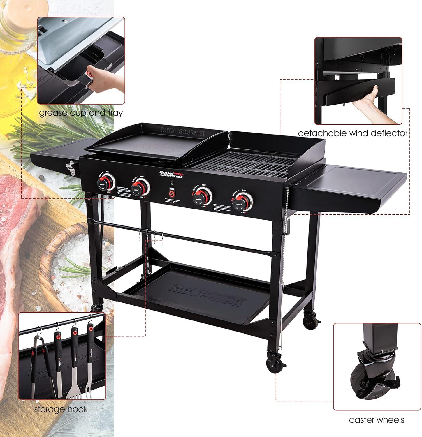 Royal Gourmet 4-Burner GD402 Portable Flat Top Gas Grill and Griddle Combo with Folding Legs, 48,000 BTU, Black