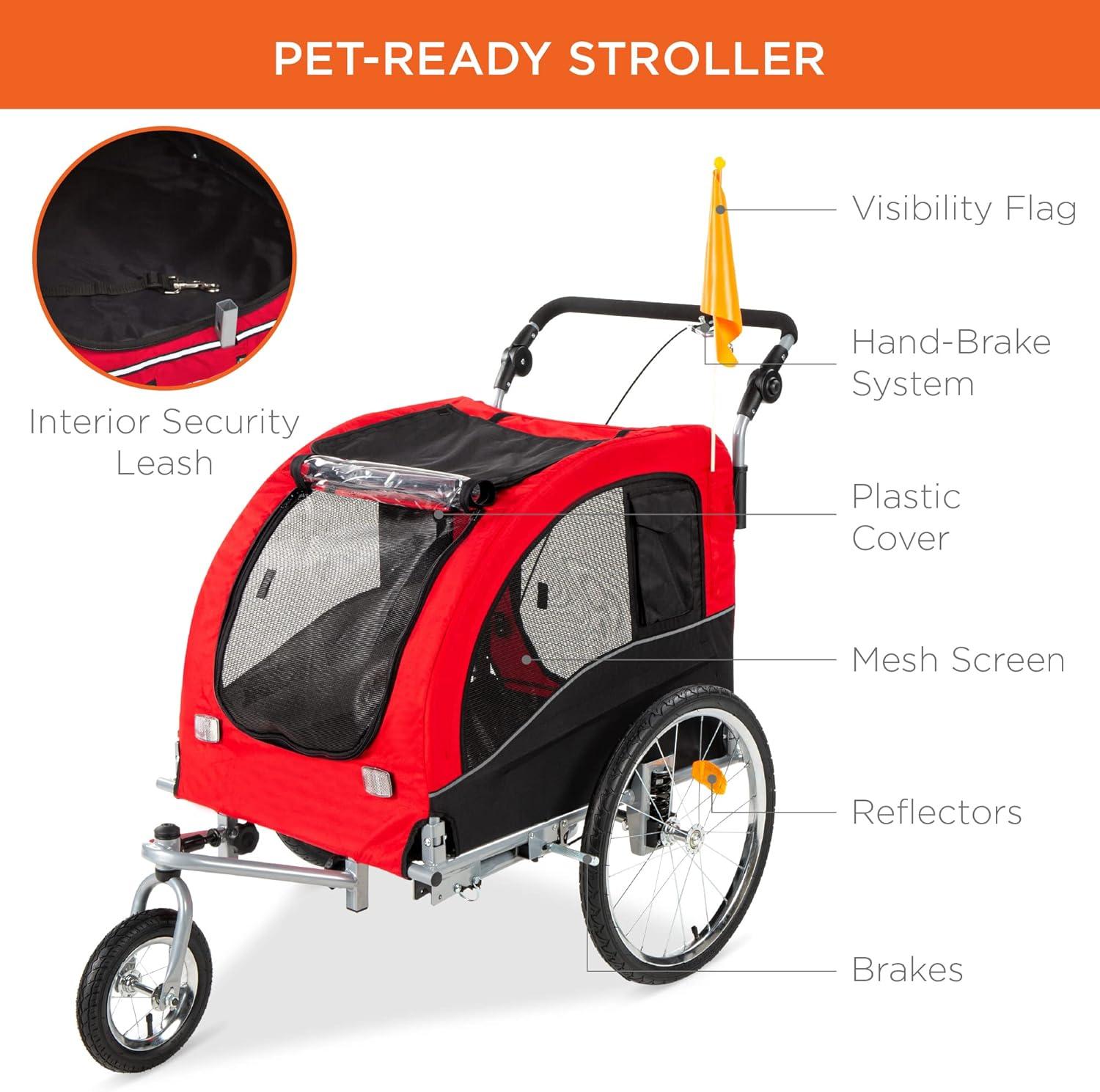 Best Choice Products 2-in-1 Dog Bike Trailer, Pet Stroller Bicycle Carrier w/ Hitch, Brakes, Visibility Flag, Reflector