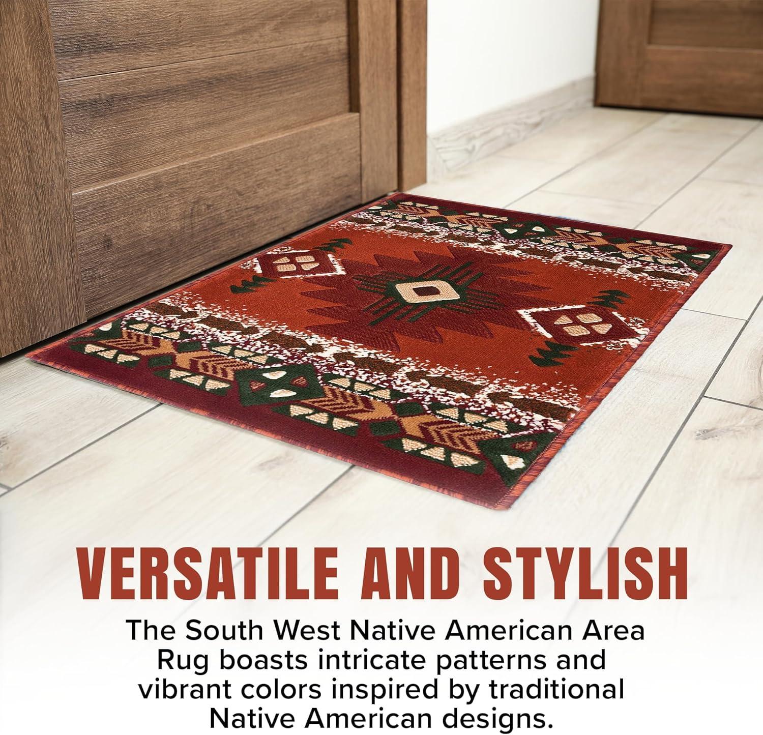 Rust and Green Geometric Synthetic 5' x 7' Area Rug