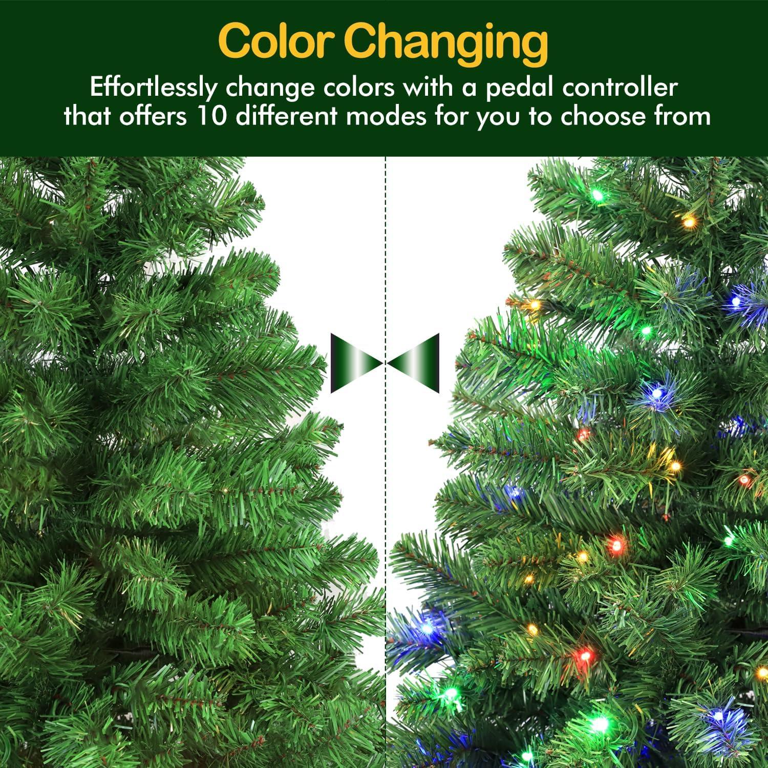 6ft Prelit Christmas Tree, Artificial Chrismas Tree with 300 Multicolor LED Lights, Easy Assembly with Metal Stand and Hinged Branches, 551 PVC Branch Tips, 10 Color Modes