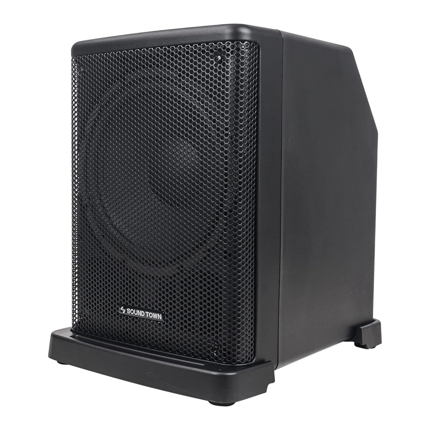 Sound Town Portable PA/DJ System w/ 12" Powered Subwoofer, 8 x 3 Column Speaker and Two UHF Wireless Microphones (CARPO-L2SWM01)