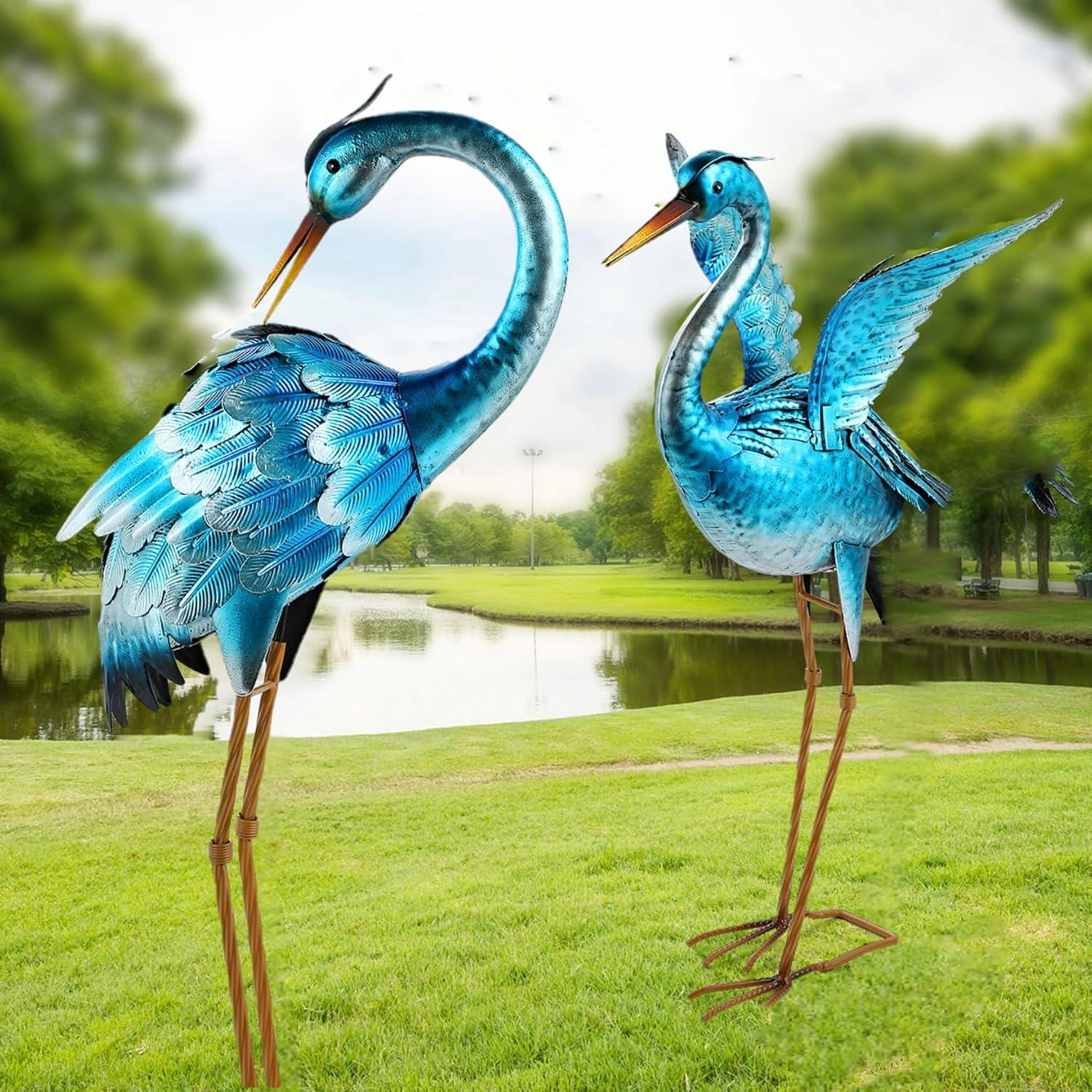 Chisheen Crane Garden Statues, Metal Garden Crane Outdoor, Blue Heron Sculpture Metal Yard Art, Large Garden Heron Decoy, Bird Statues, Lawn Ornaments for Backyard Pond Patio Porch Outside