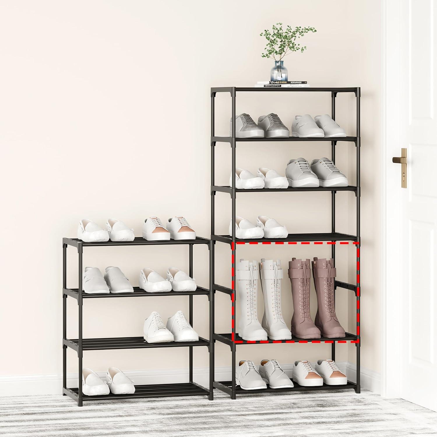 Small Stackable Shoe Rack, Entryway, Hallway and Closet, Save Space and Organization (3 Tier, Black)