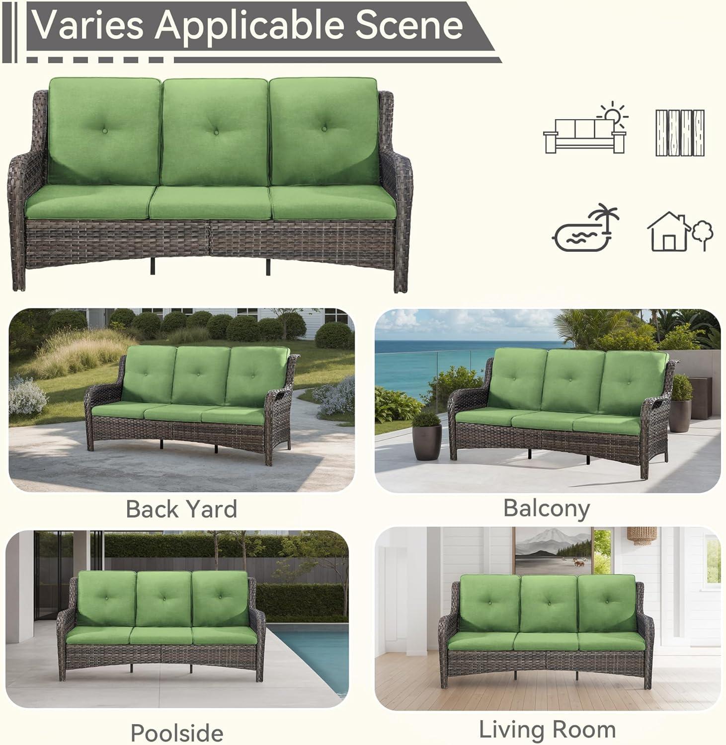 3-Seat Wicker Outdoor Patio Sofa Sectional Couch with Green Cushions