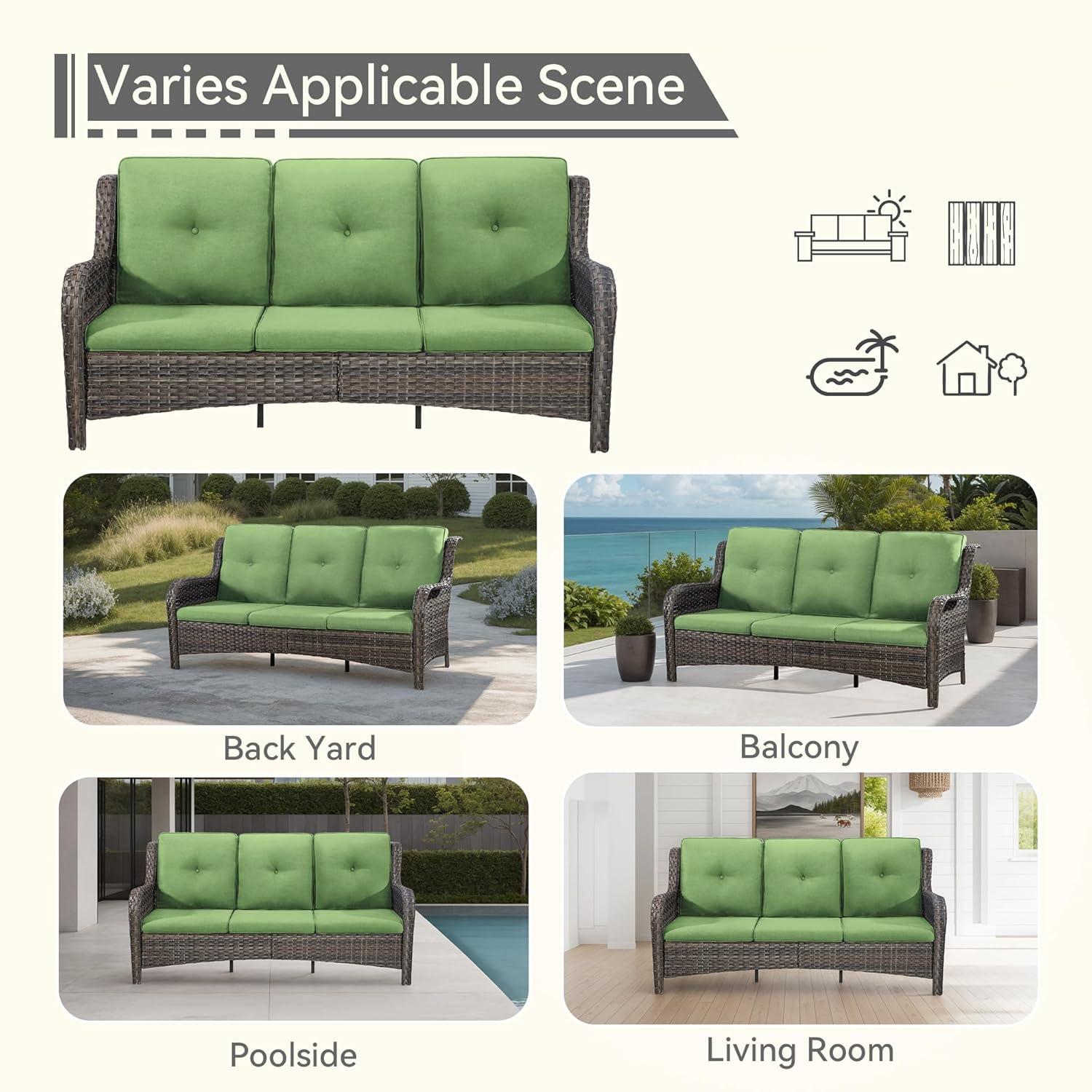 3-Seat Wicker Outdoor Patio Sofa Sectional Couch with Green Cushions