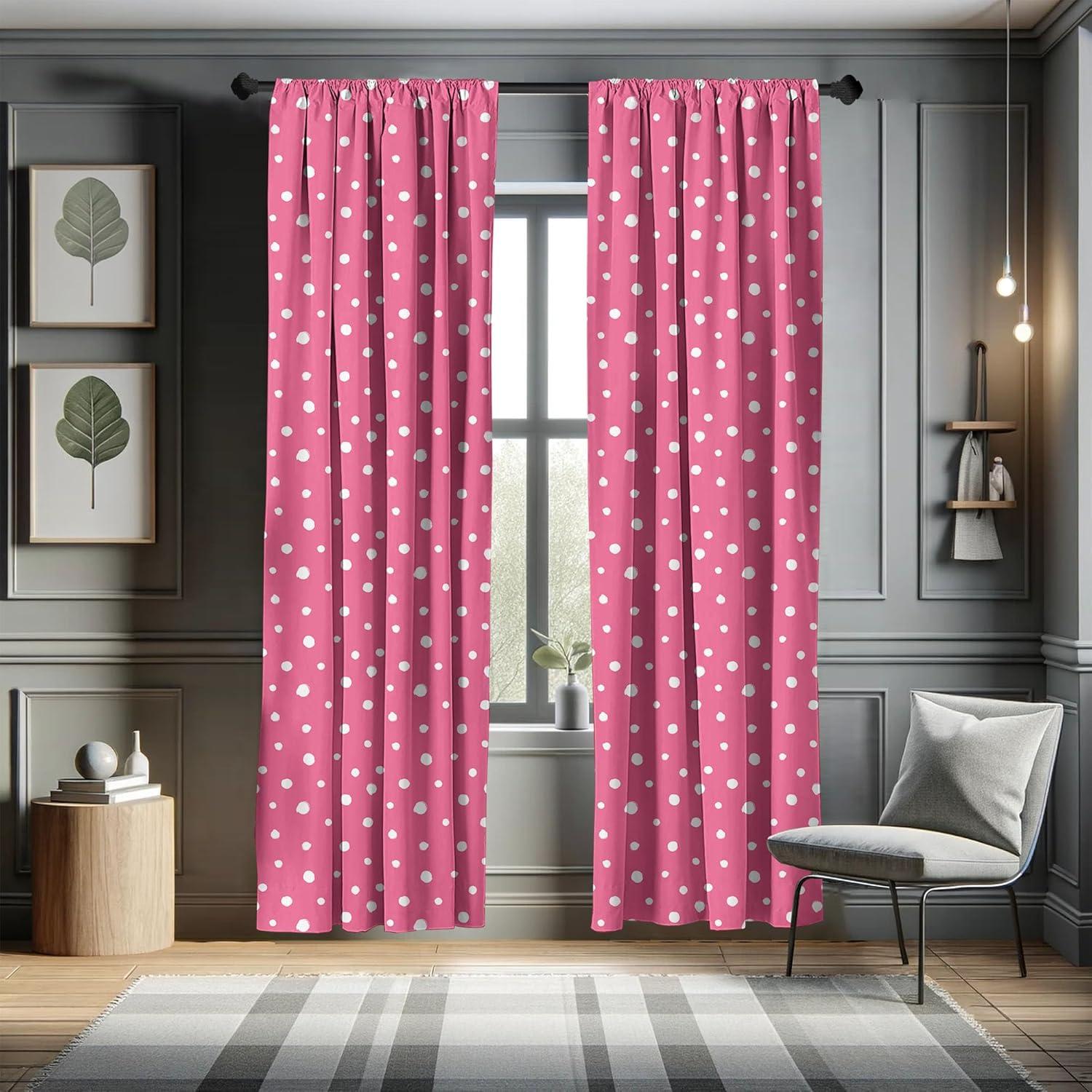 Ambesonne Pink Polka Dots Curtains, Grunge Drawn Rounds, Pair of 28"x63", Pink and White