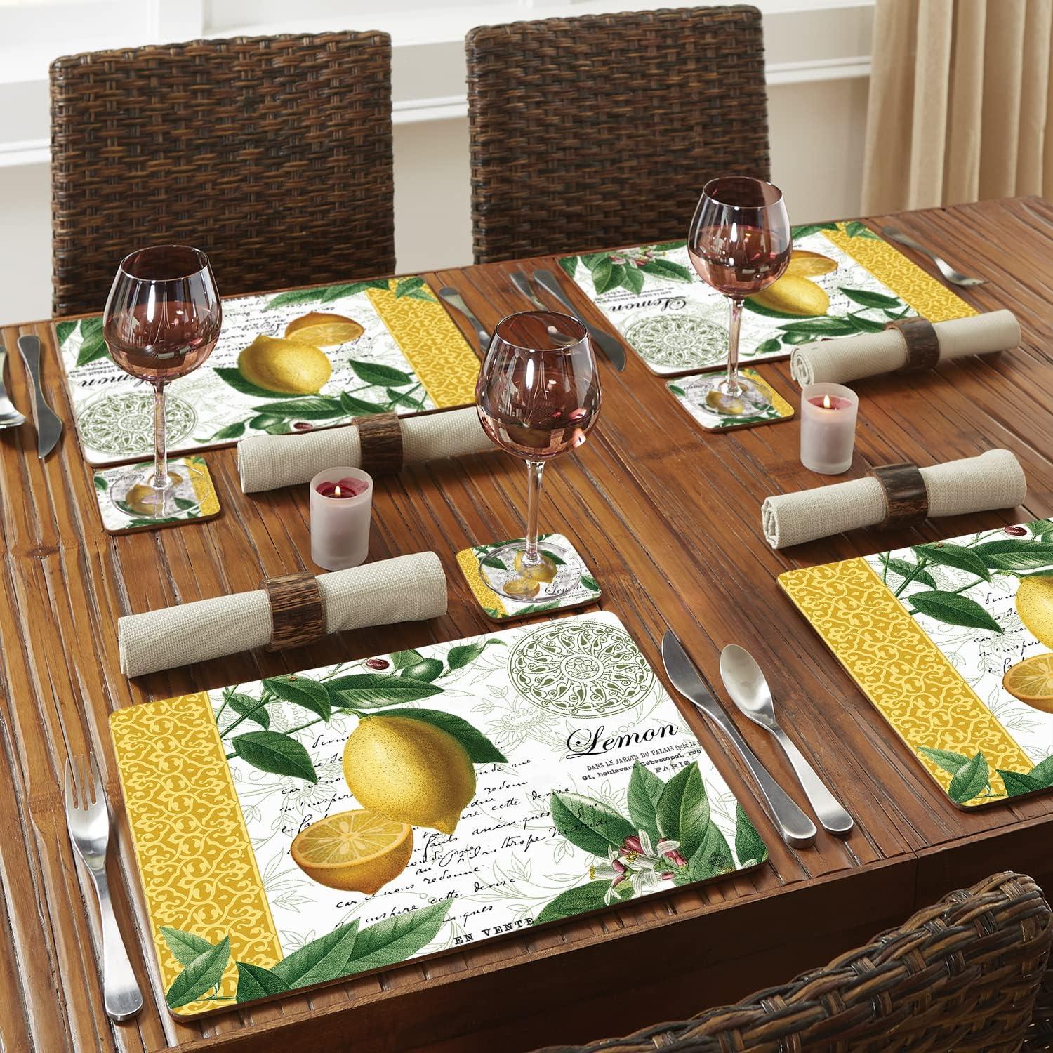 Cala Home "Citron" Premium Decorative Hardboard Cork Back Tabletop Placemats 4 Pack