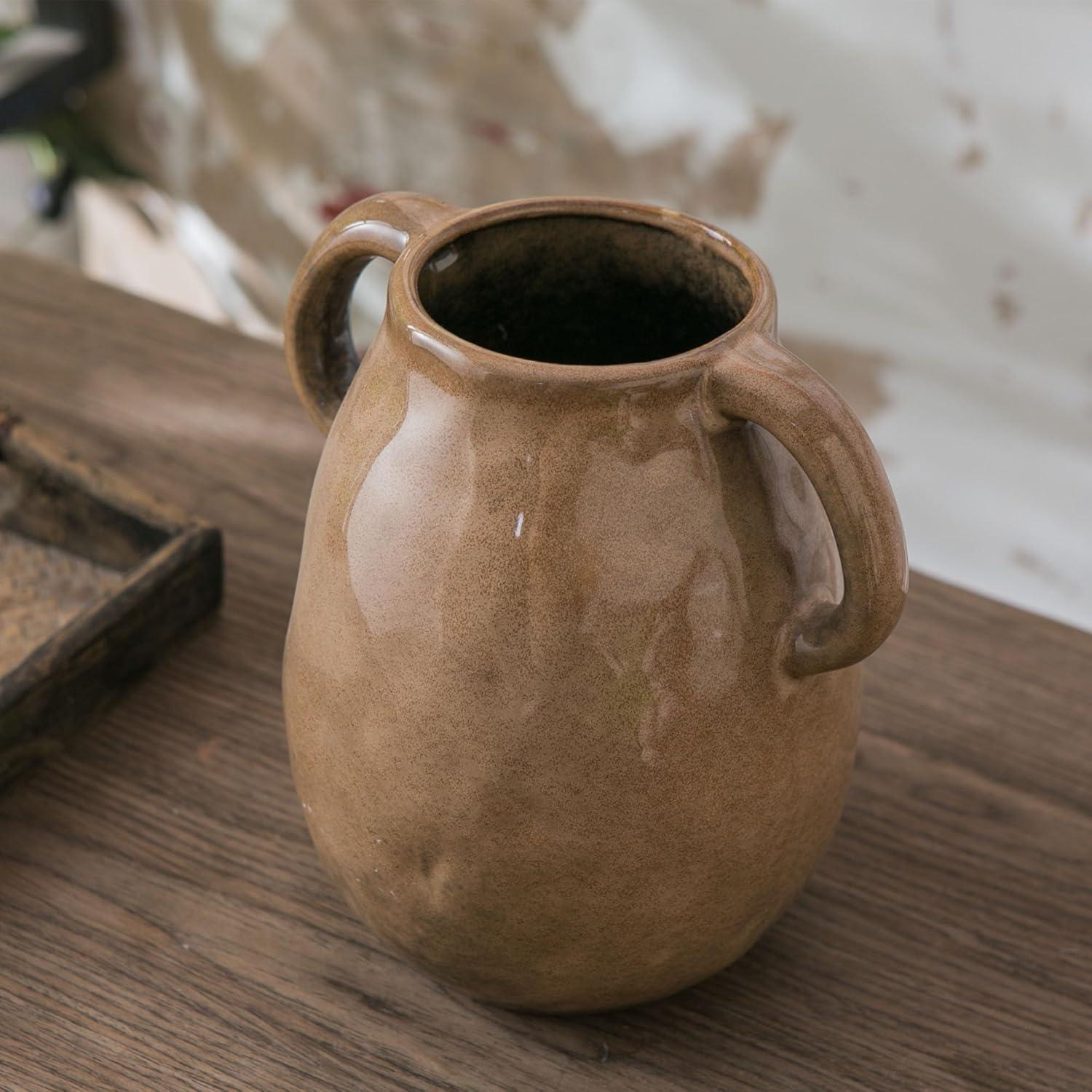 Kimdio Brown Ceramic Vase with 2 Handles, Modern Farmhouse Vase for Home Decor, Vintage Rustic Pottery Vase, Decorative Terracotta Vase, Clay Jug for Living Room Dining Table Shelf