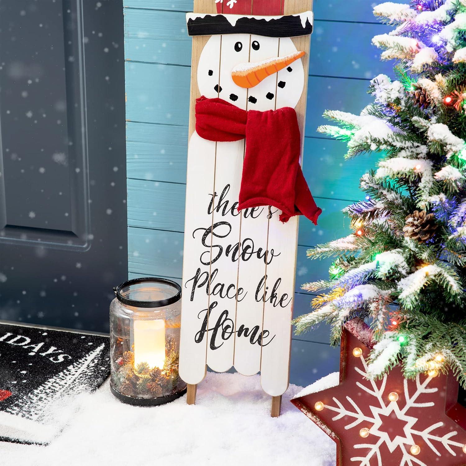 Glitzhome Wooden Welcome Sign for Front Door Porch Farmhouse Christmas Wall Hanging Snowman Sign Primitive Porch Sign for Christmas Festivals, 42”H