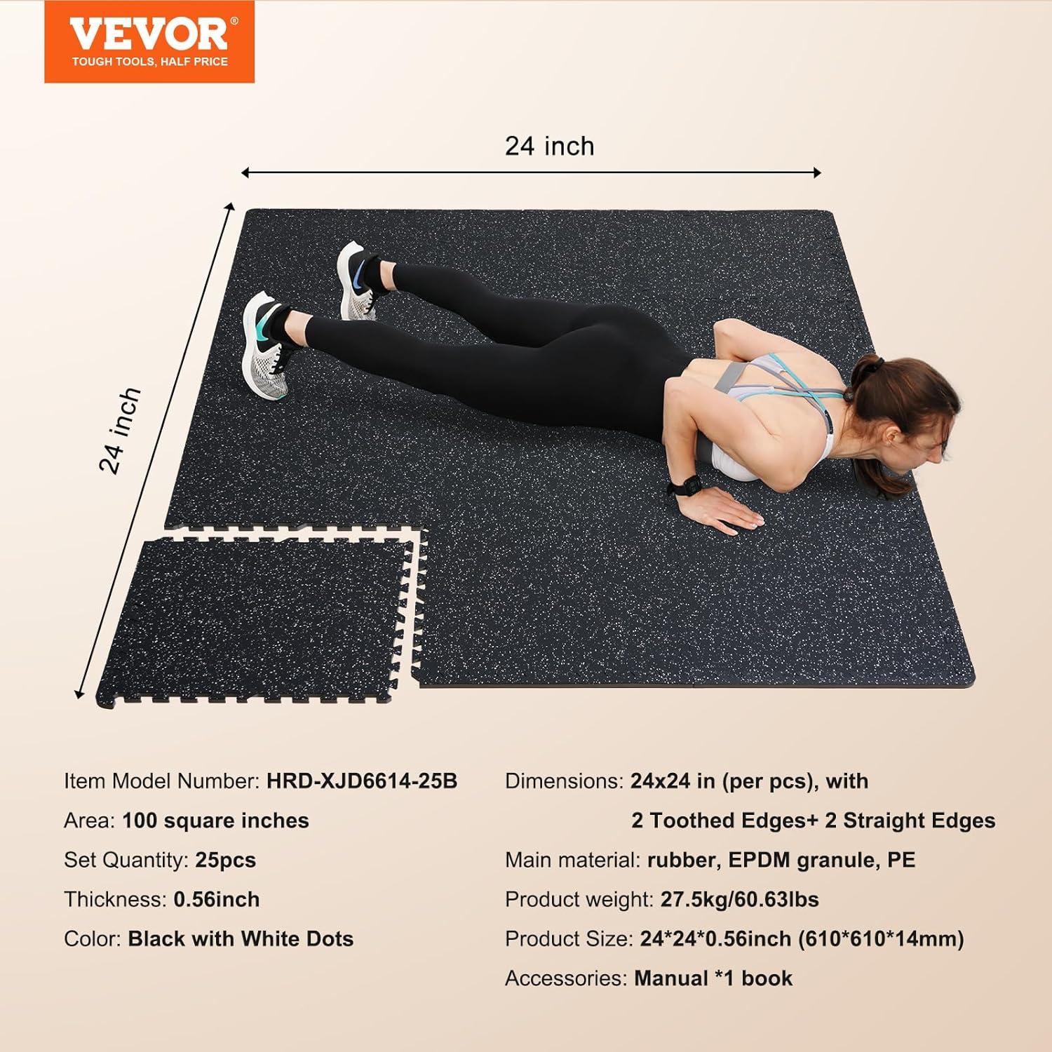 VEVOR 0.56 Inch Thick Gym Floor Mats, 25 Tiles Rubber Top with EVA Foam, 24" x 24" Gym Flooring Workout Mats with 100sq.ft Coverage, Interlocking Puzzle Gym Mats for Gym, Home, Garage, Black & White