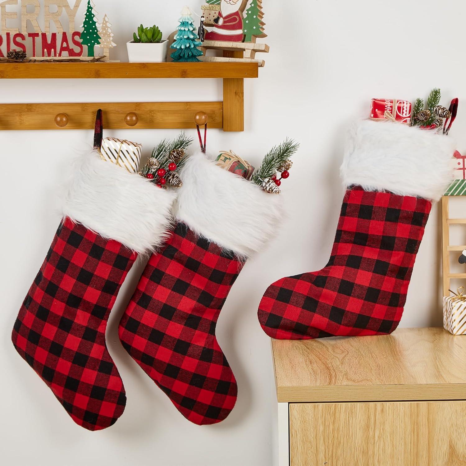 Chirstmas Stockings 3 Pack 18 Inch, Large Buffalo Plaid Xmas Stockings with Faux Fur Cuff, Country Rustic Holiday Indoor Decorations for Family