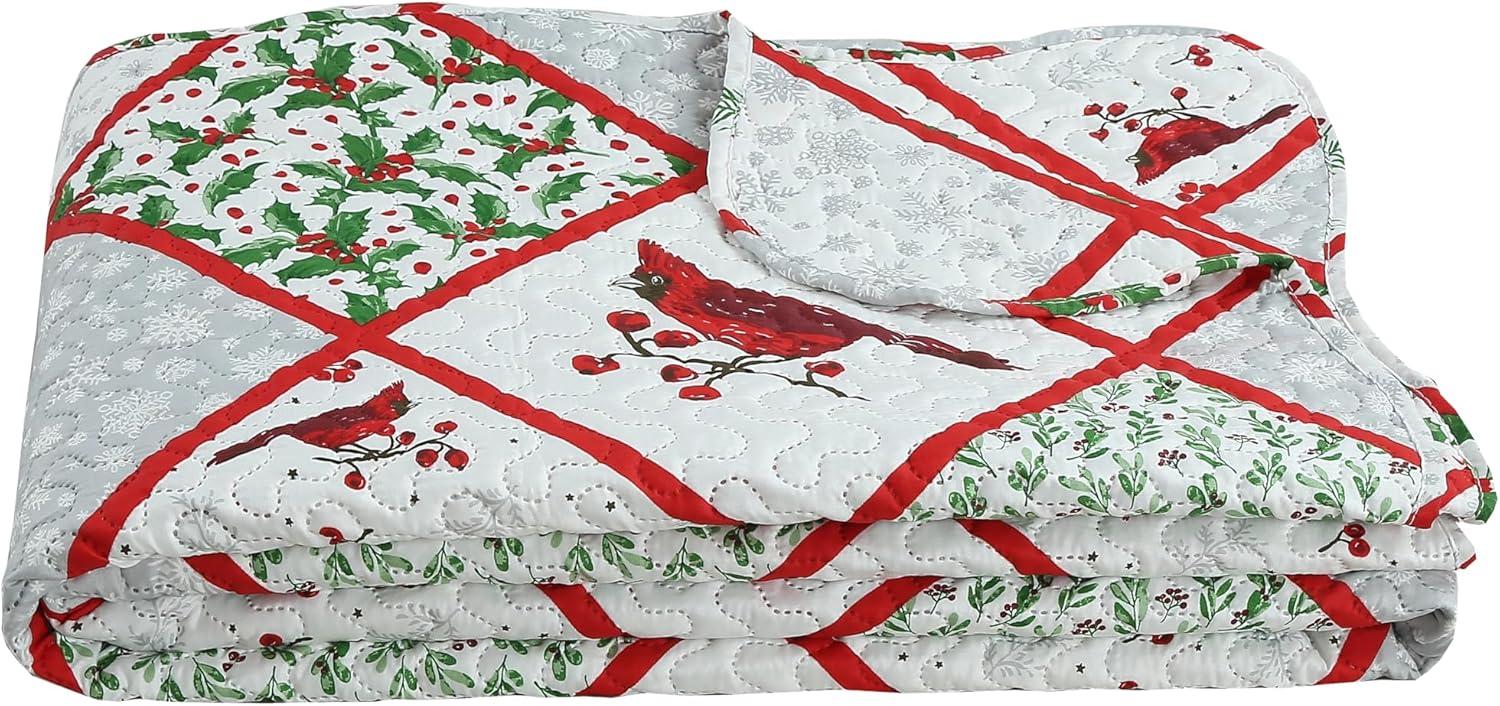 Printed Embossed Pinsonic Bedspread Soft Bedding Christmas Quilt Set, Red Cardinal Poinsettia