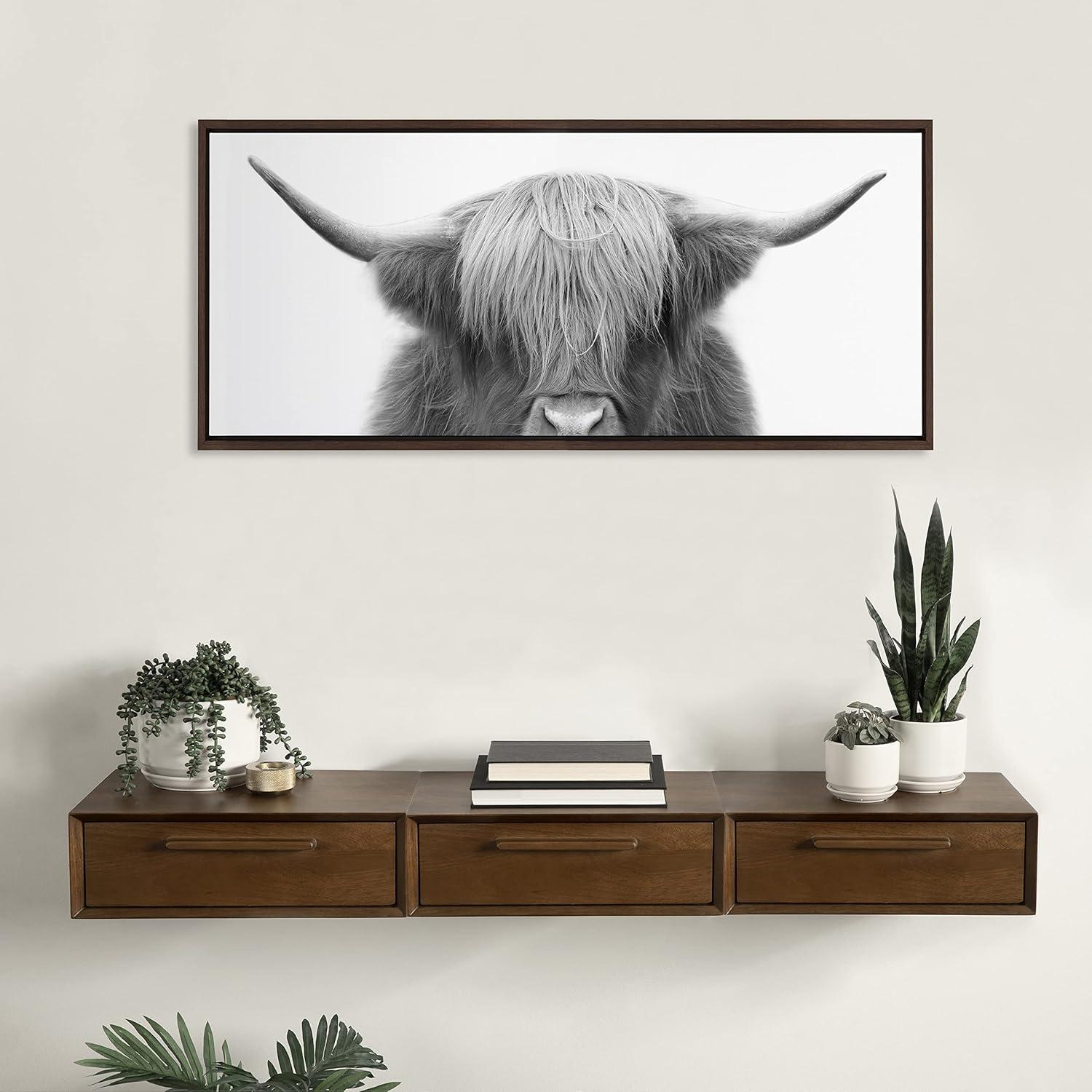 Kate and Laurel Sylvie Hey Dude Highland Cow Framed Canvas by The Creative Bunch Studio