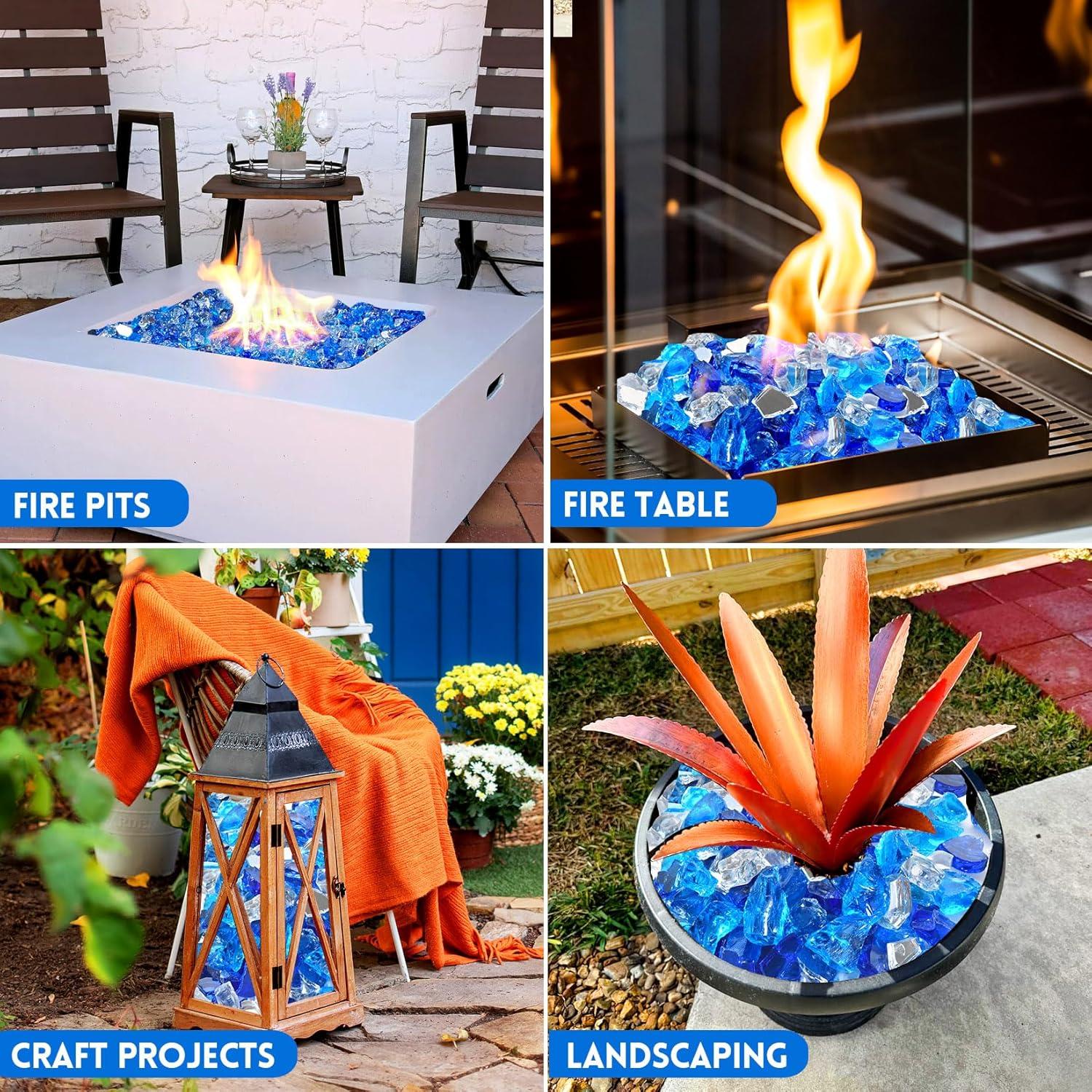 10 lb Fire Glass for Propane Fire Pit, 1/2" Gorgeous Reflective Fireplace Glass Rocks, Cobalt Blue