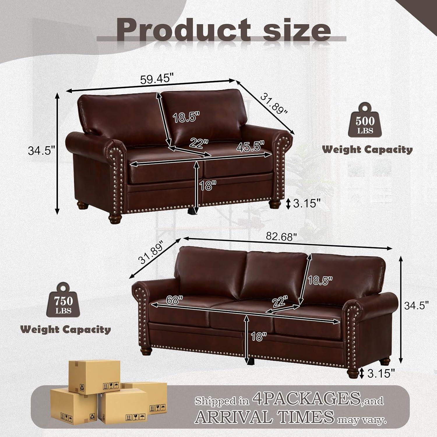 Burgundy Faux Leather 2-Piece Sofa Set with Storage and Rolled Arms