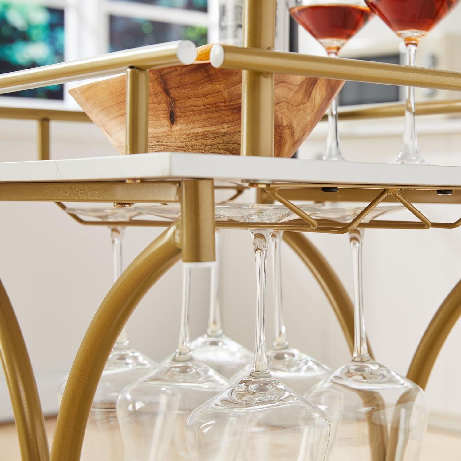 Gold and White Metal Kitchen Cart with Wine Rack and Storage