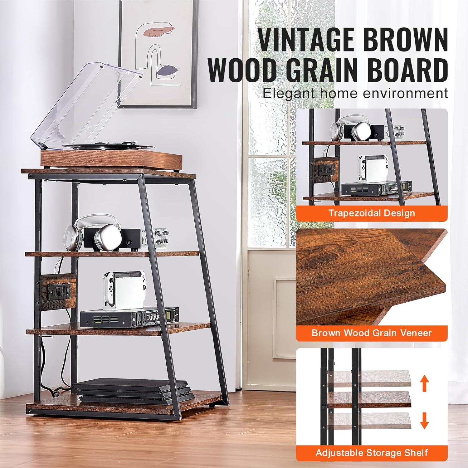 VEVOR 4-Tier AV Media Stand with Power Strips, Corner TV Stand with LED Lights, Height Adjustable Wooden Shelves