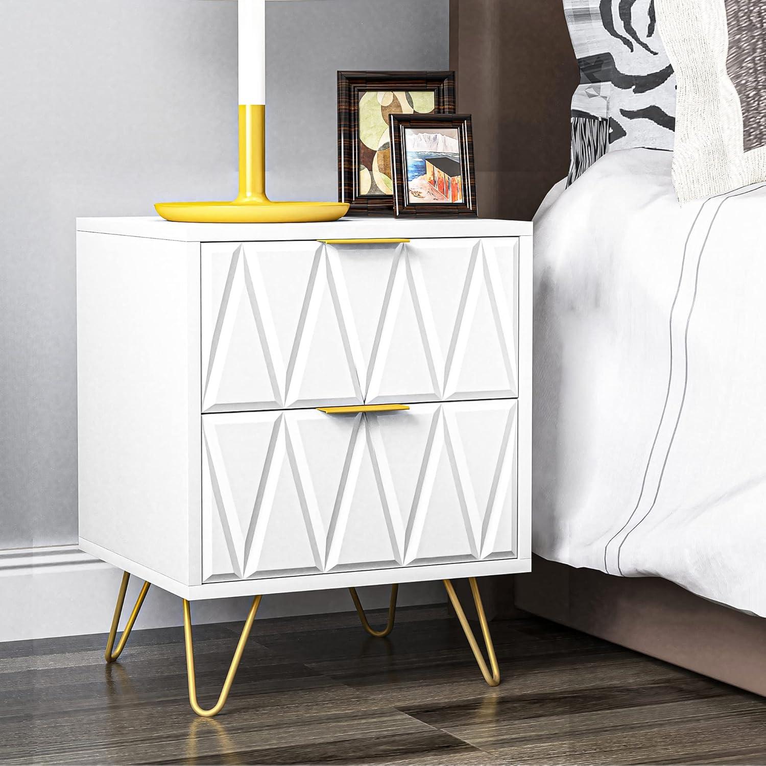 White and Gold Nightstand Set of 2,Modern Bedside Table with 2 Drawer for Bedroom,End Side Table with Gold Legs for Living Room,White Night Stand Set 2 for Bedroom