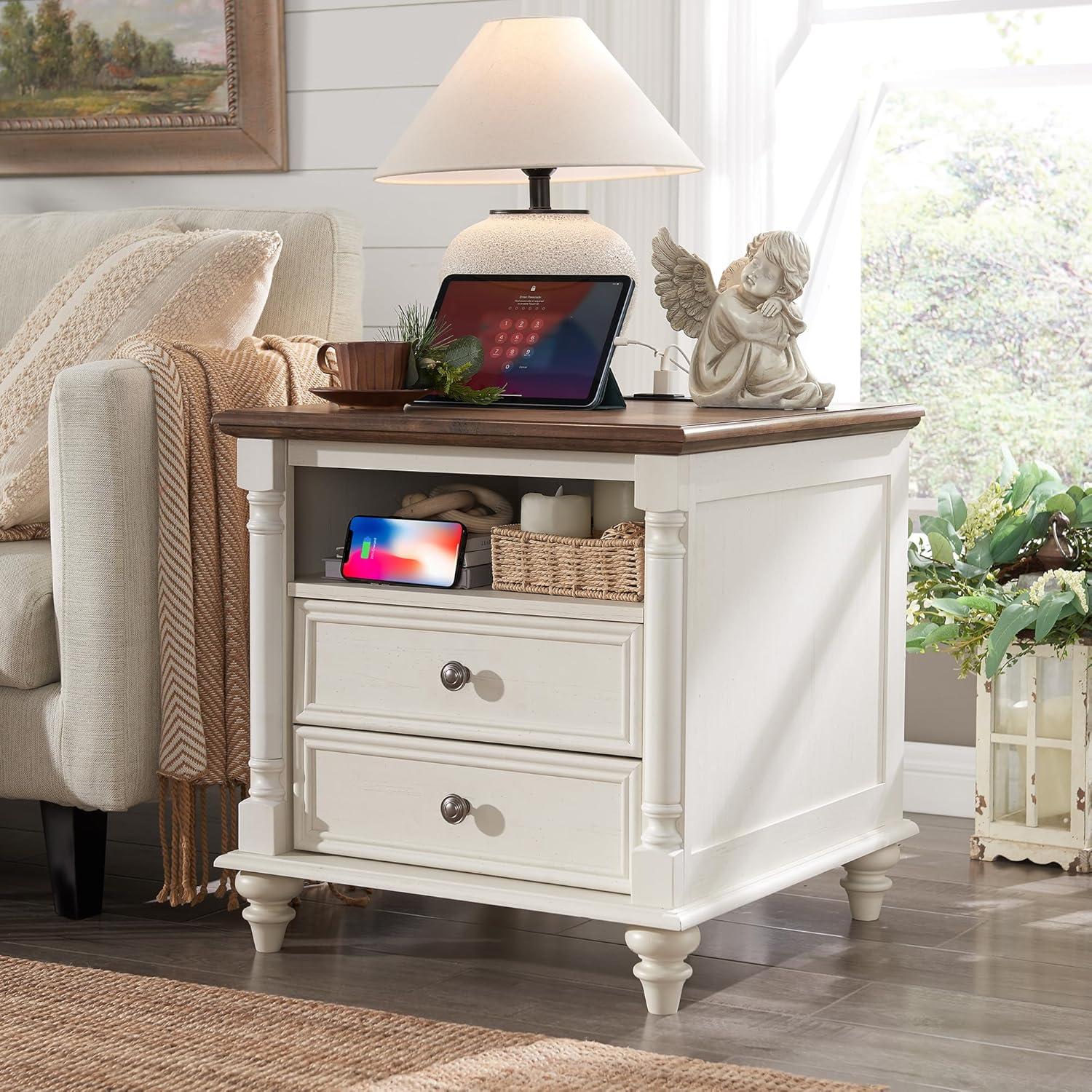 Antique White 24'' End Table with Charging Station and 2 Drawers