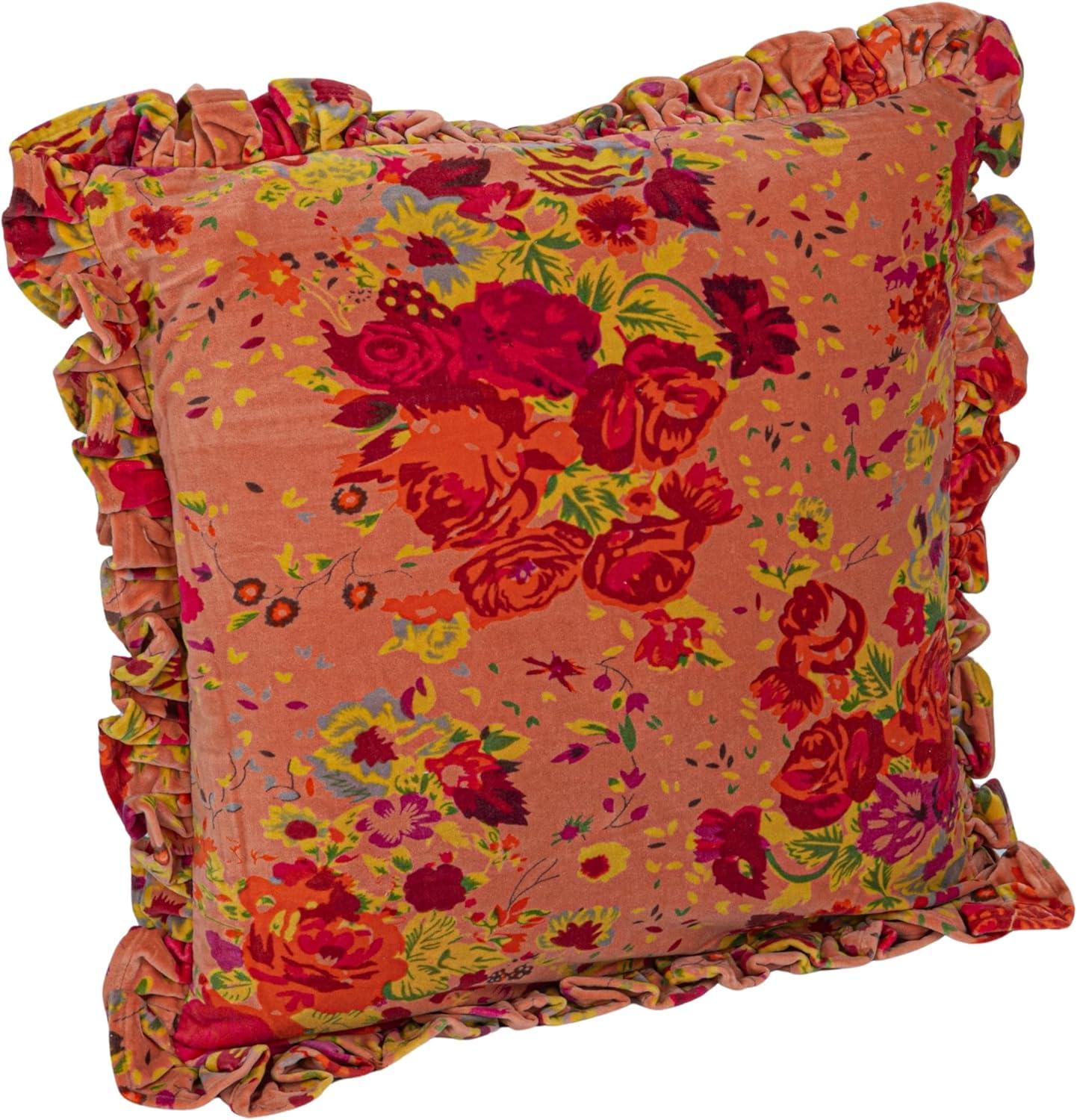 Multicolor Floral Velvet Square Pillow with Ruffle Trim