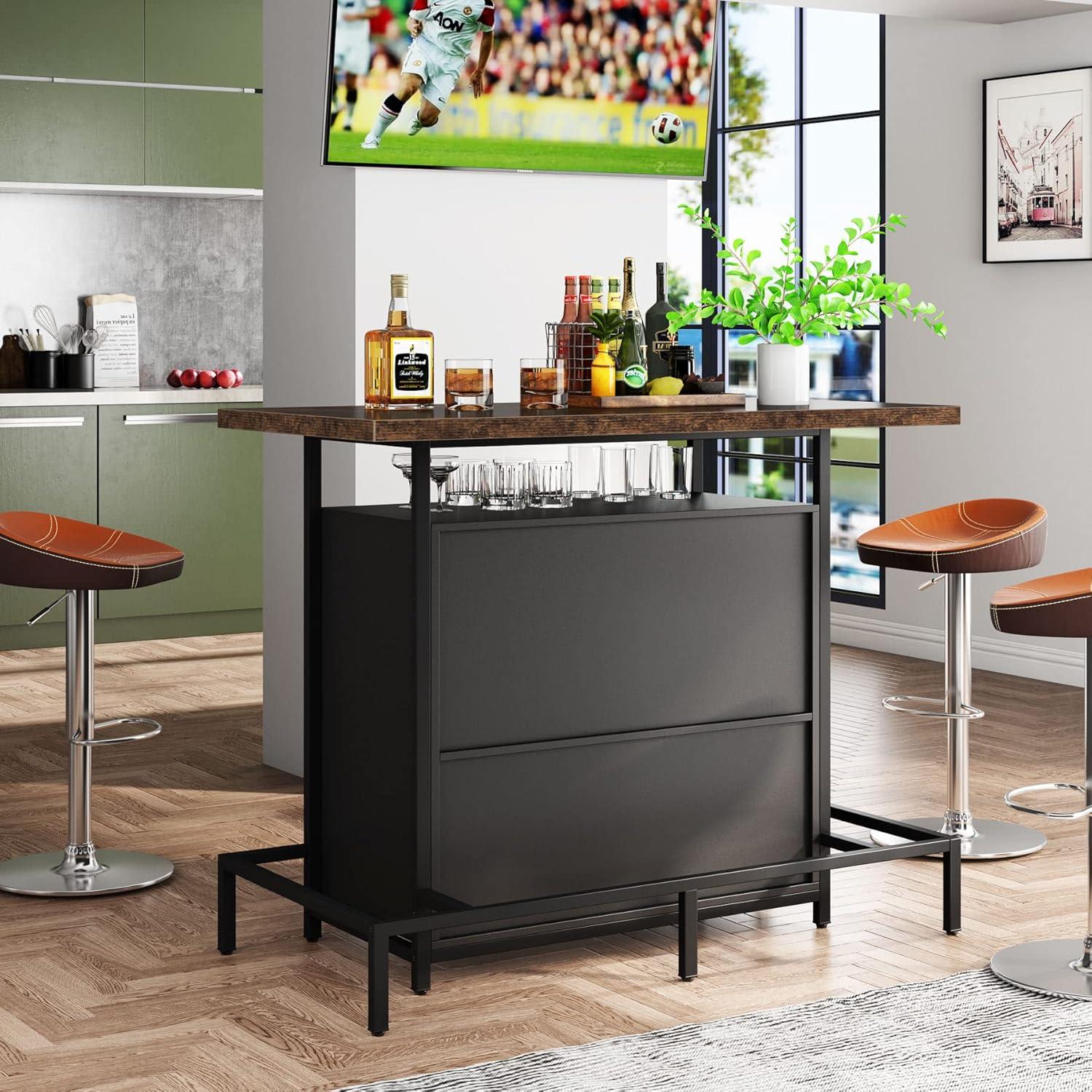 Industrial Black and Brown 3-Tier Home Bar Unit with Footrest