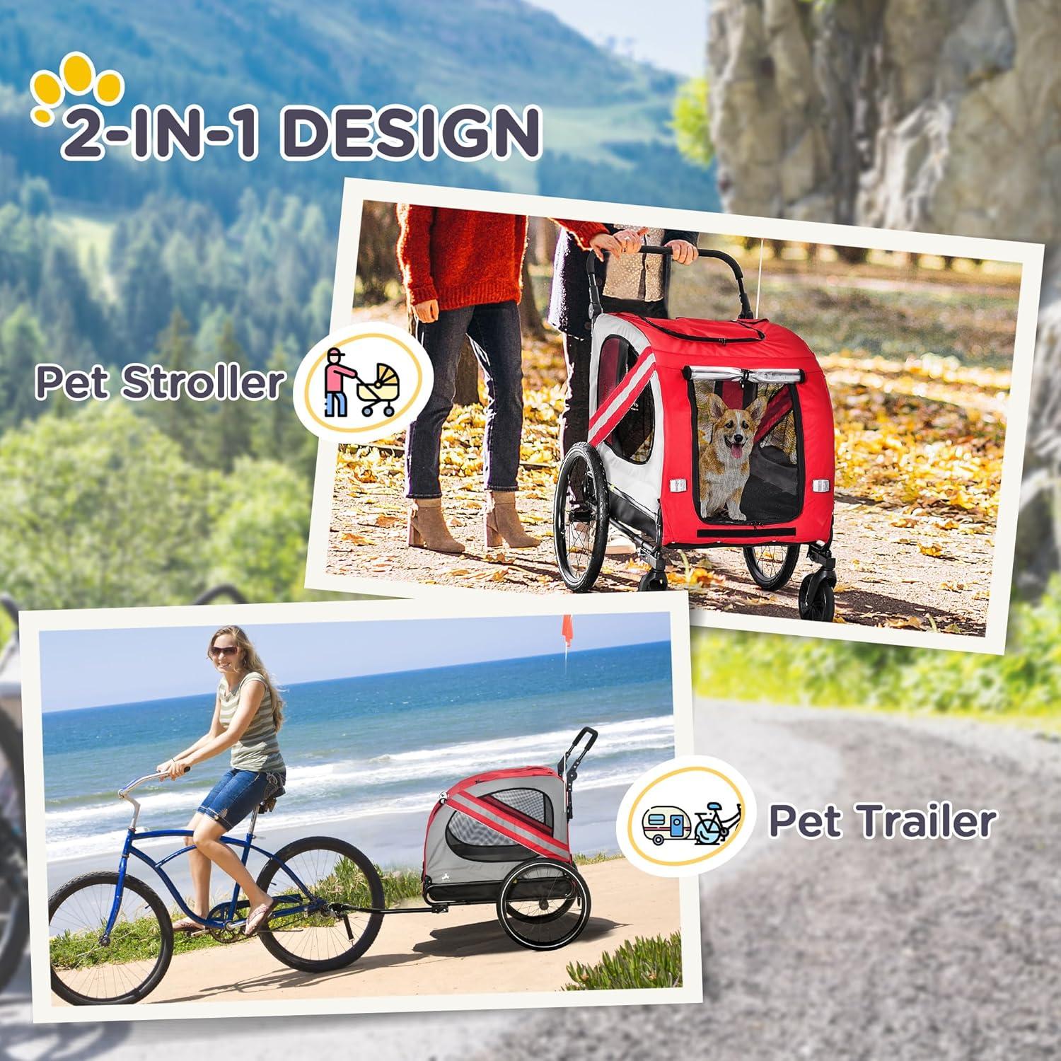 DUOSONG Aosom 2-In-1 Pet Bike Trailer For Small Dogs, Road-Visibility Bicycle Stroller, Weather-Strong Bike Wagon Trailer Sidecar Attachment, Red Red Steel Pet Supplies Pet Strollers