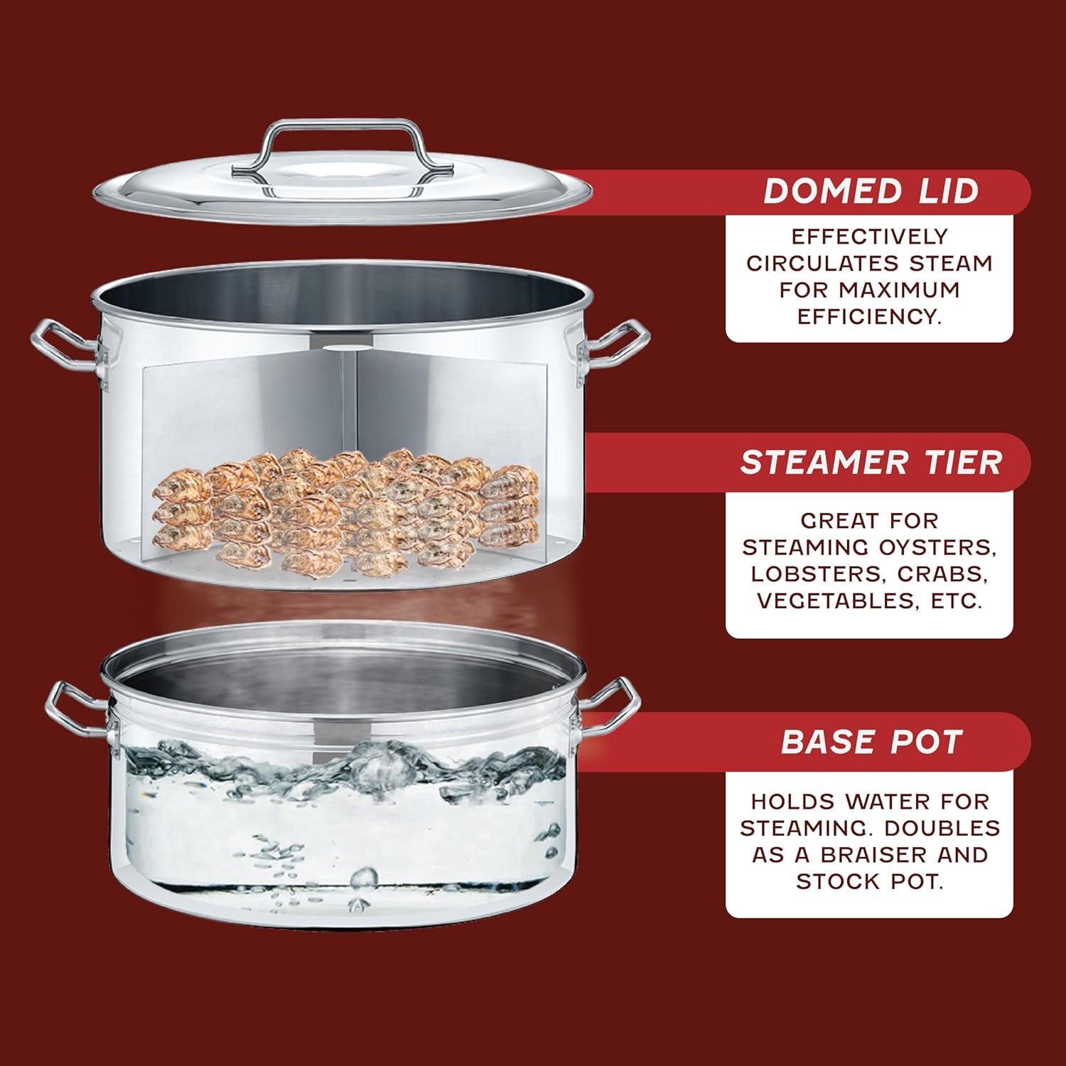 Extra Large Outdoor Stainless Steel Stock Steamer and Braiser Combo. Great for steaming oysters, crab, crawfish and more (100 QT)